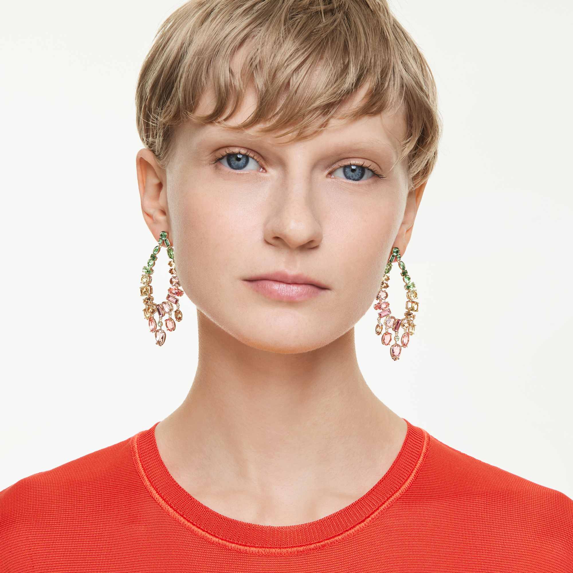 Swarovski Gema Drop Earrings with mixed cuts, chandelier style, multicolored crystals, gold-tone plated, elegant jewelry accessory