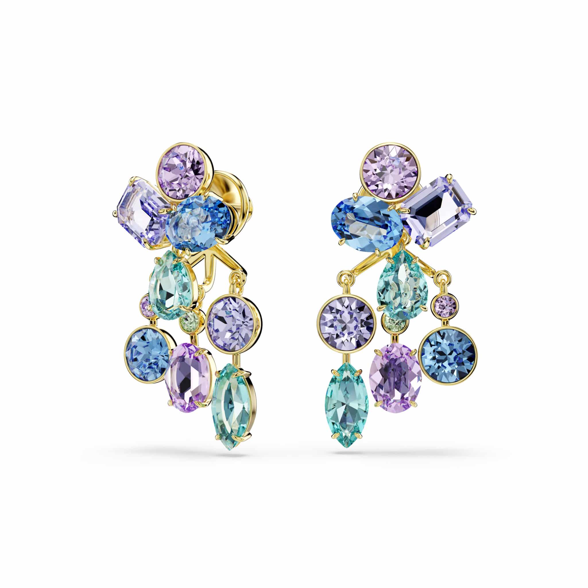 Swarovski Gema earring jackets with multicolored mixed cuts in gold-tone plating, decorative jewelry accessory.