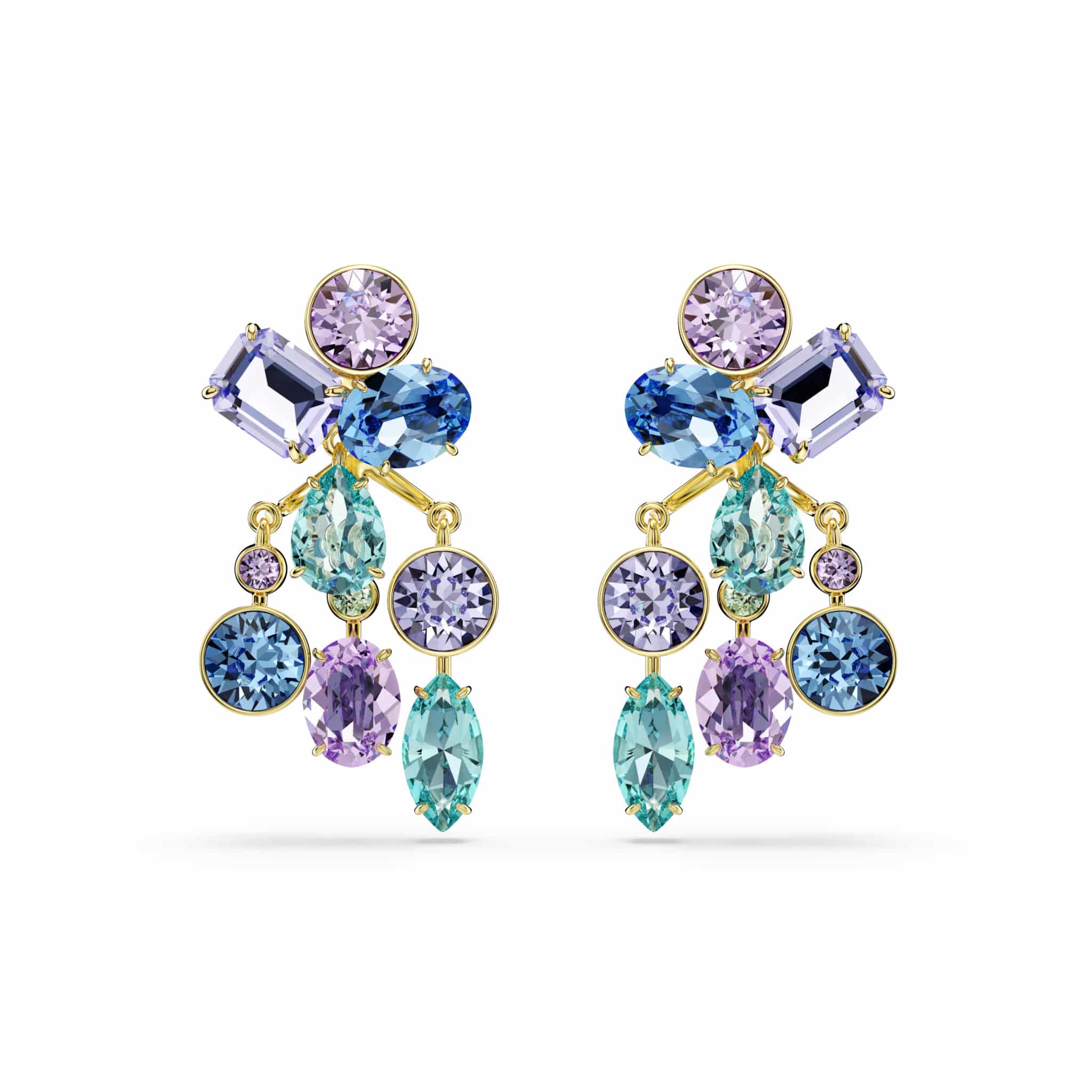 Swarovski Gema earring jackets with mixed multicolored cuts and gold-tone plating, stylish jewelry accessory.