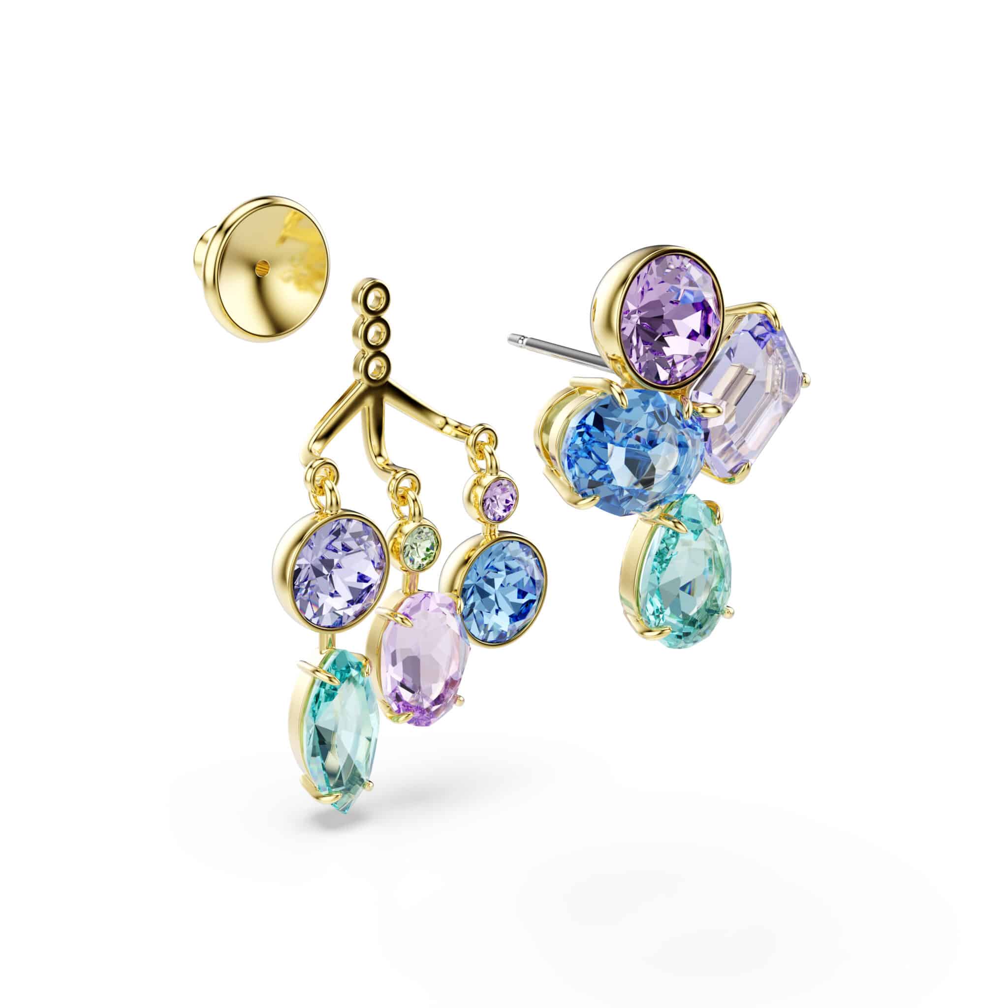 Swarovski Gema earring jackets with mixed cuts, multicolored crystals, gold-tone plating, designed to enhance earrings.