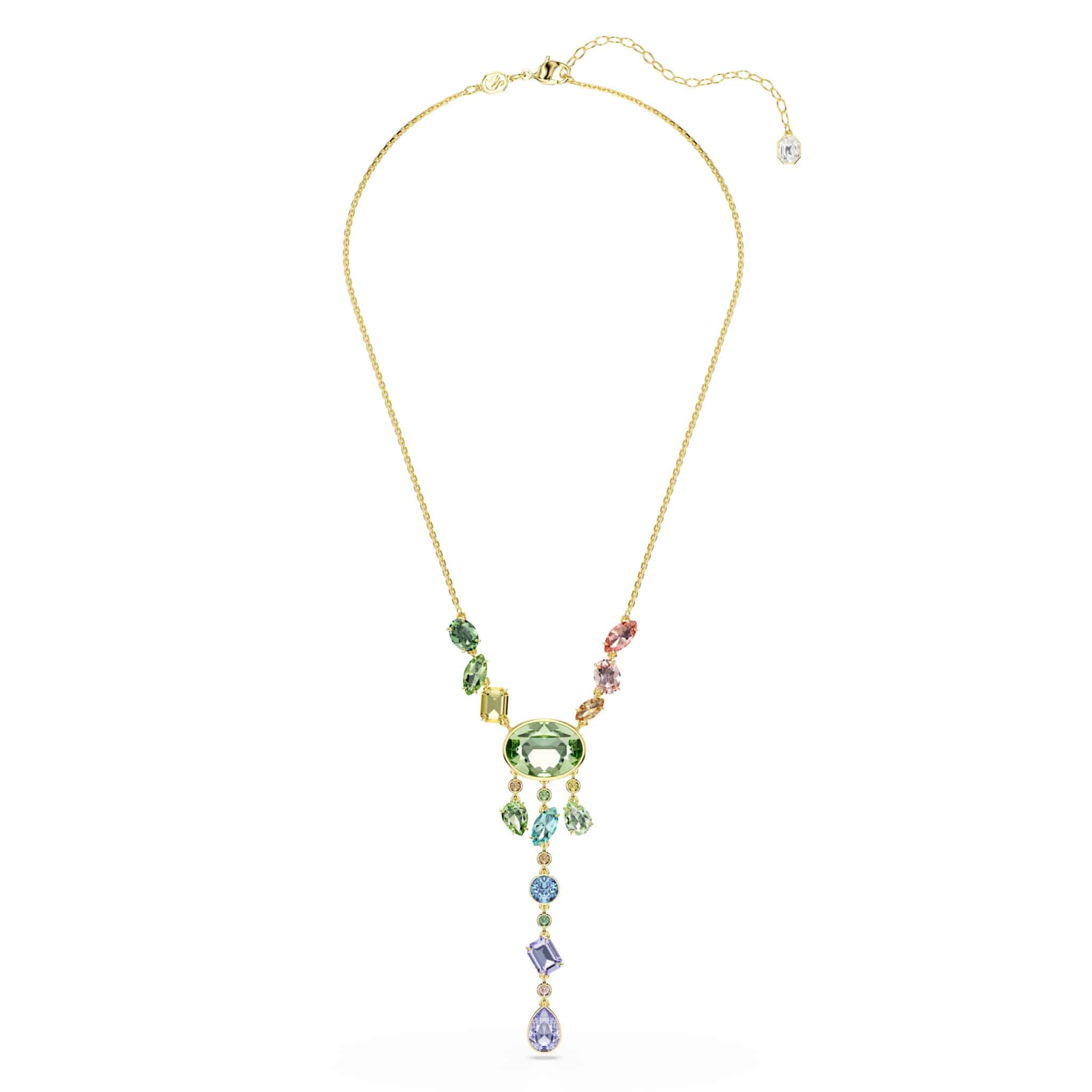 Swarovski Gema Y necklace with multicolored mixed-cut crystals on gold-tone plated chain.
