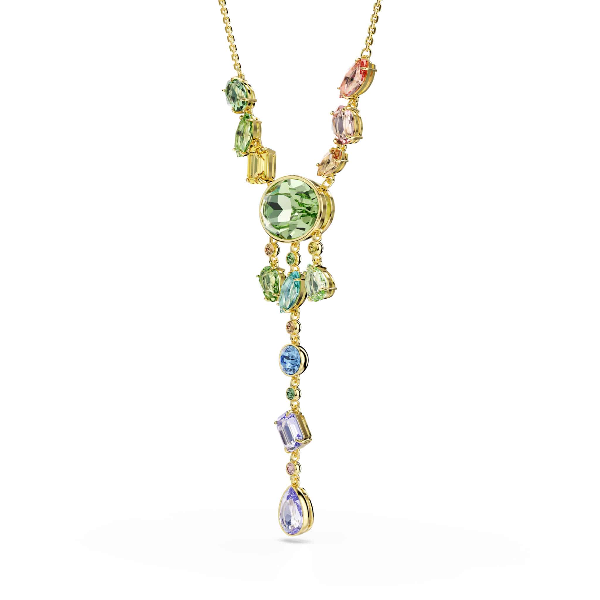 Swarovski Gema Y Necklace with multicolored mixed-cut crystals and gold-tone plated chain.