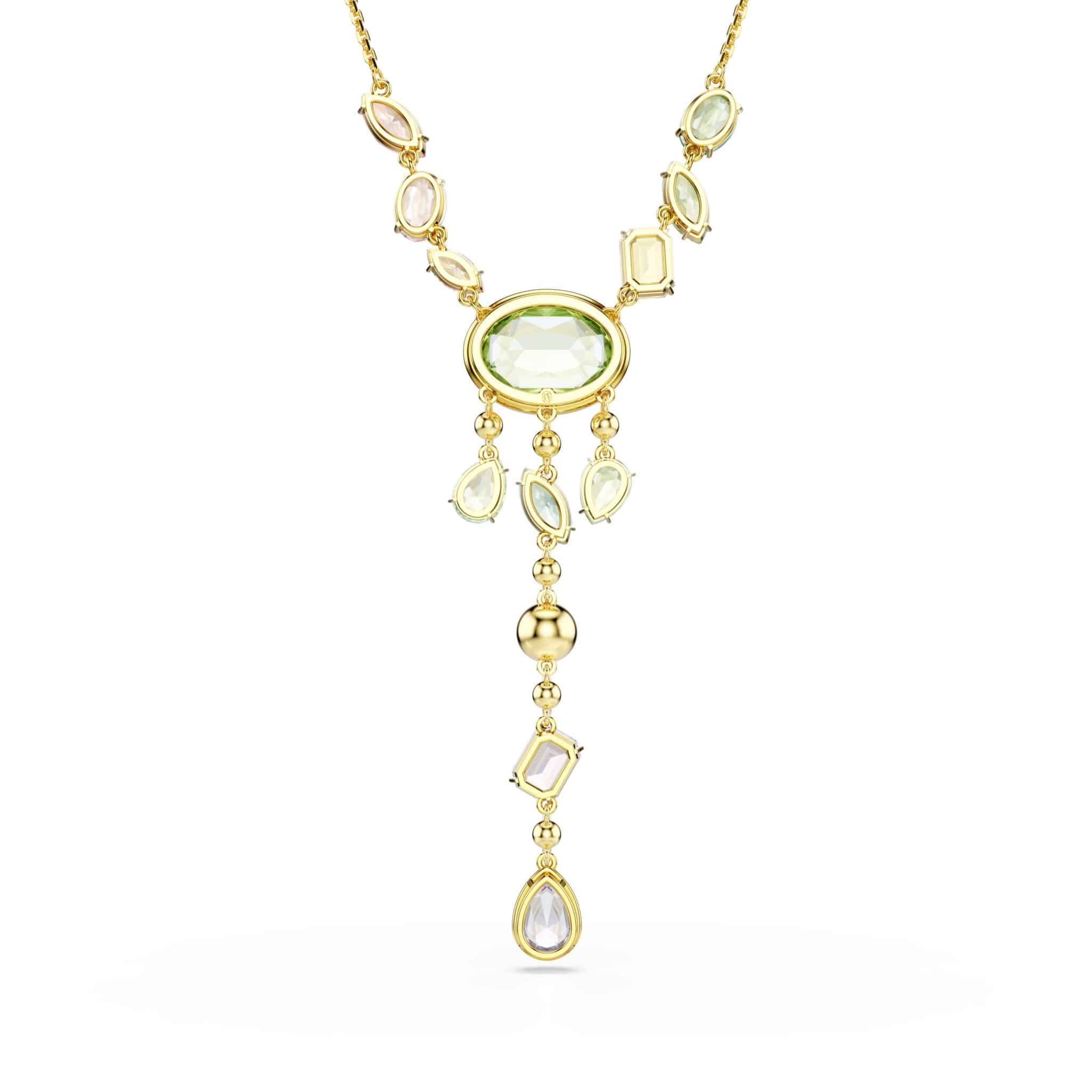 Swarovski Gema Y Necklace with multicolored mixed cut crystals and gold-tone plated chain, showcasing vibrant gemstone designs.