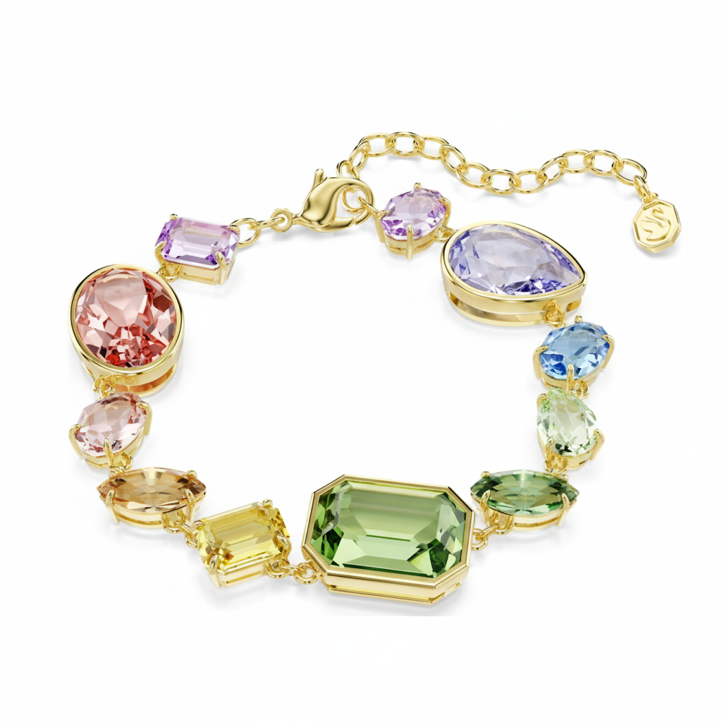 Swarovski Gema bracelet with multicolored mixed cut crystals and gold-tone plated finish, stylish jewelry accessory.