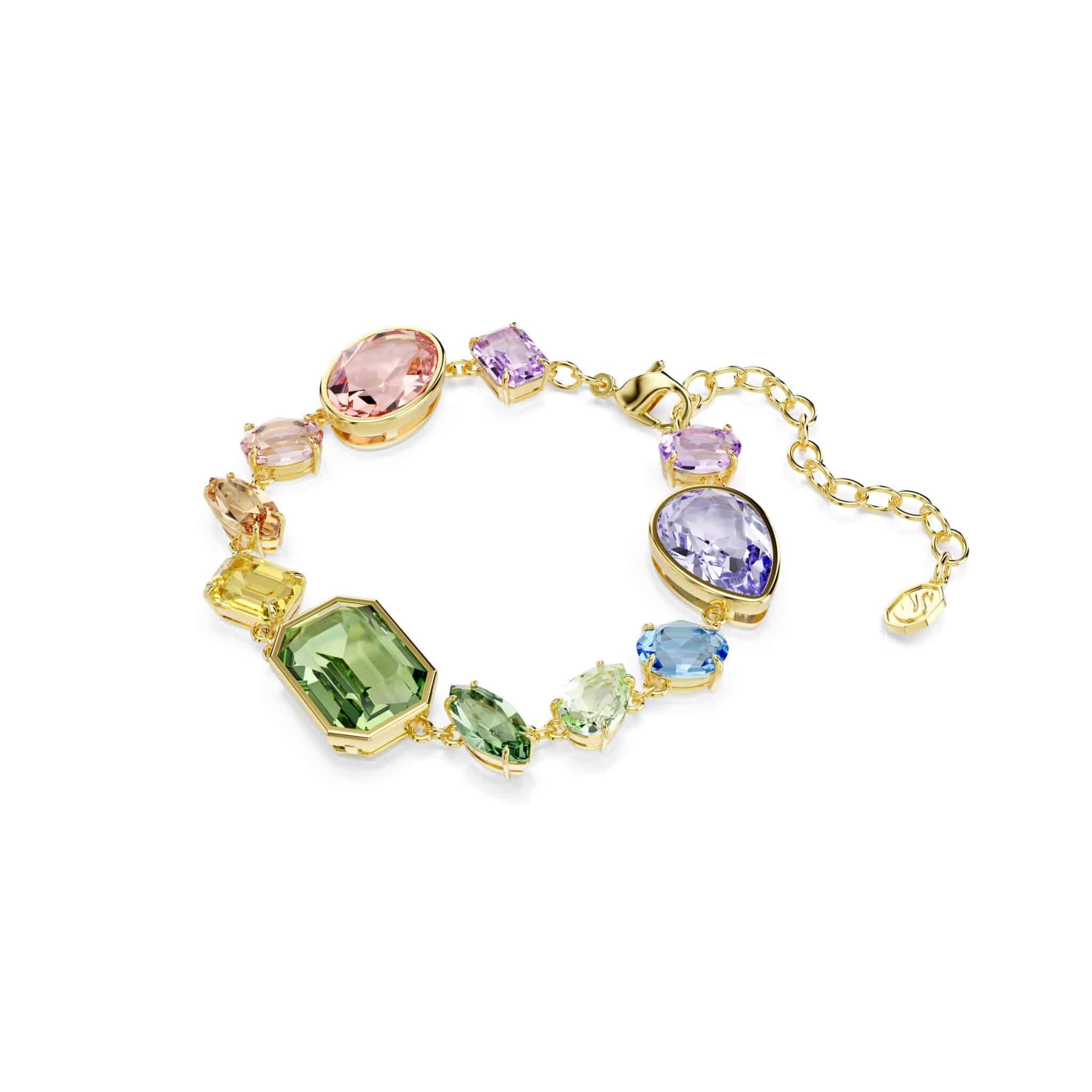 Swarovski Gema bracelet with multicolored mixed-cut crystals and gold-tone plating, showcasing a stylish jewelry accessory.
