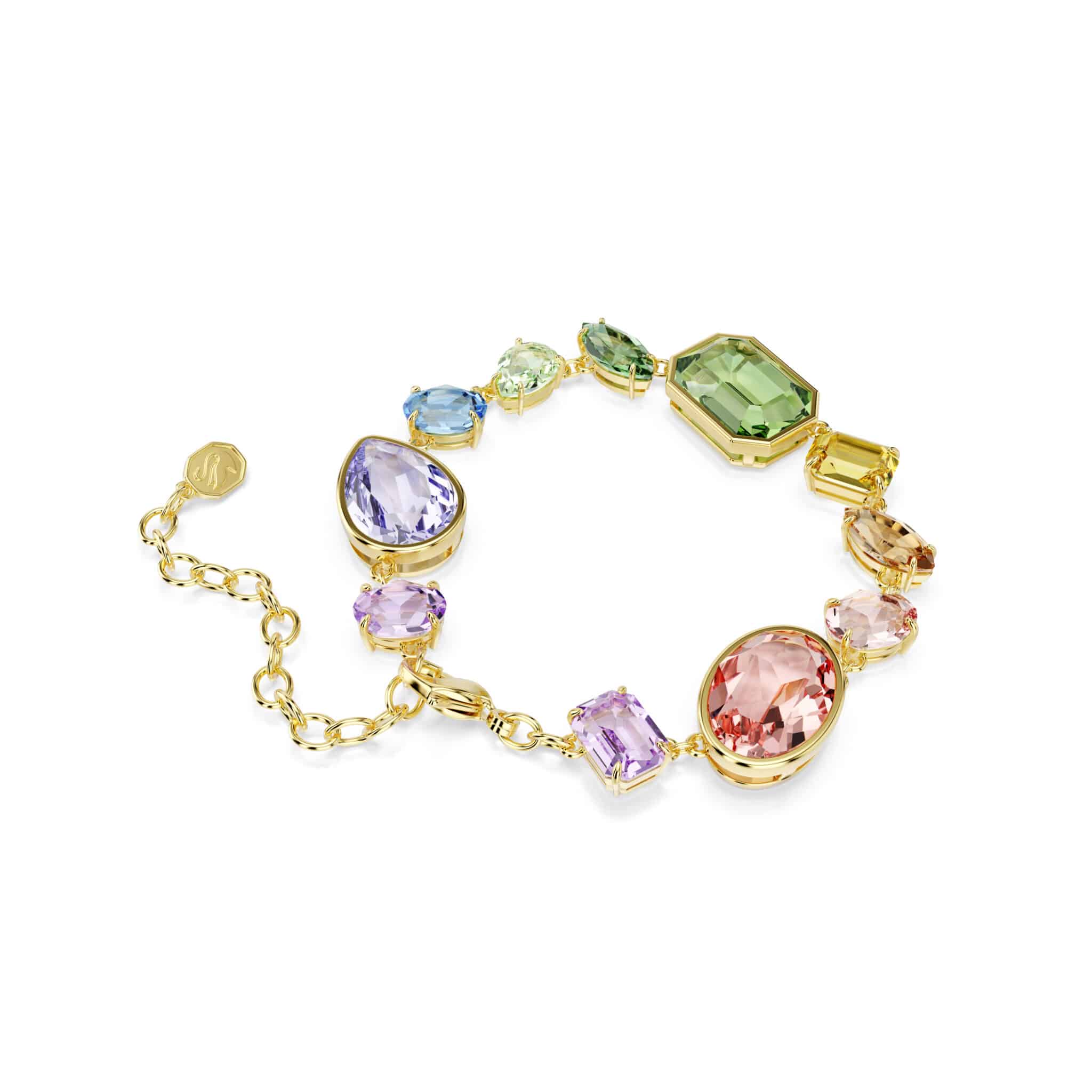 Swarovski Gema bracelet with multicolored mixed-cut crystals in gold-tone plated setting.
