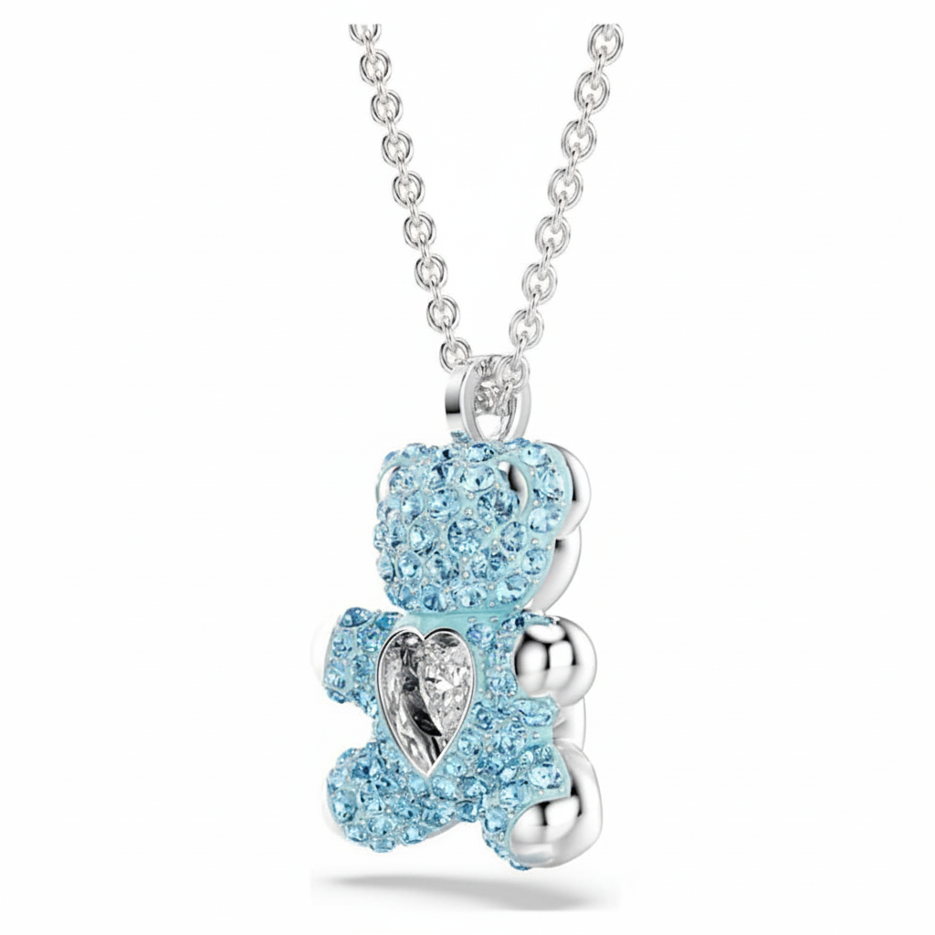 Blue Swarovski Teddy pendant bear with rhodium plating, featuring detailed craftsmanship and a cute, compact design.