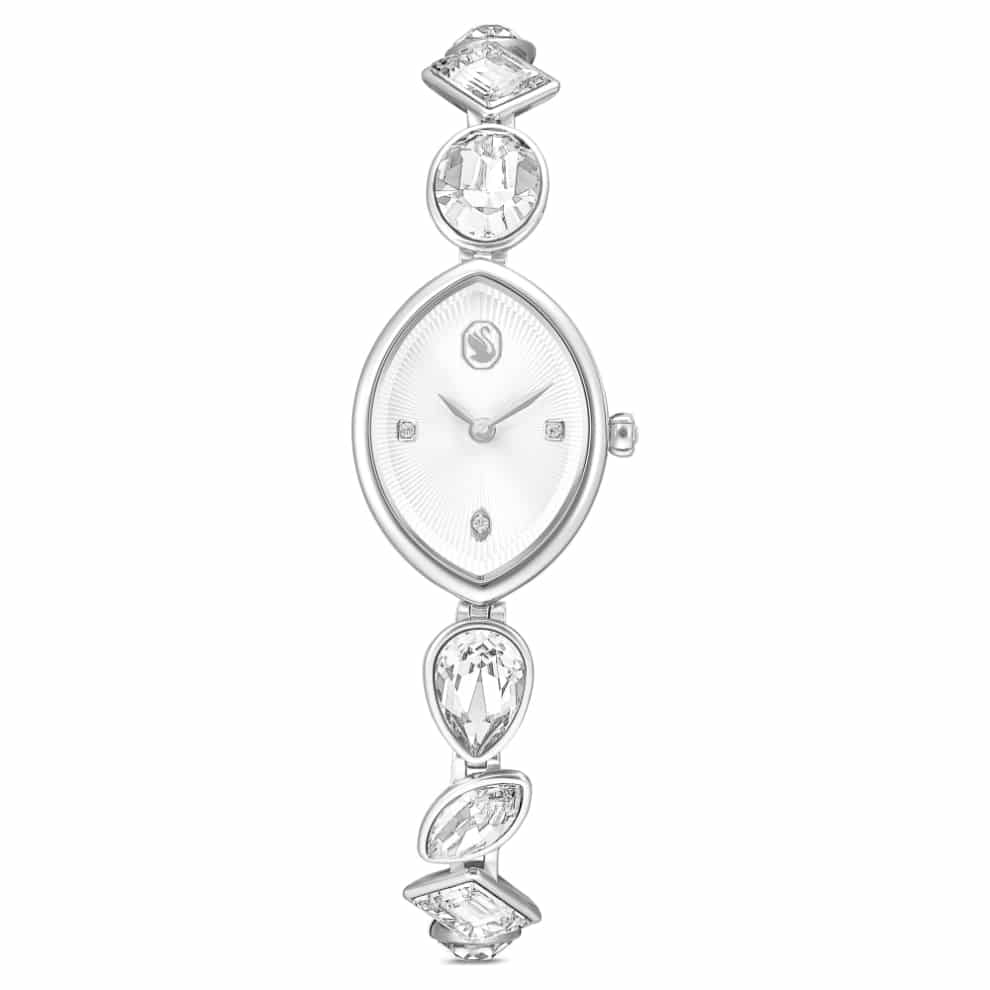 Swarovski Gema watch with crystal bracelet, silver tone stainless steel band, elegant timepiece with sparkling accents