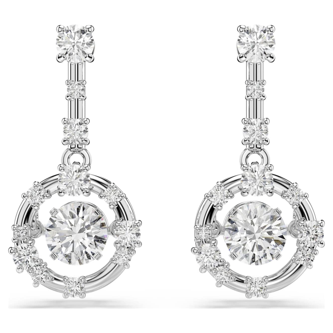 Swarovski Constella drop earrings with round cut white dancing stones and rhodium plating, elegant jewelry accessory.