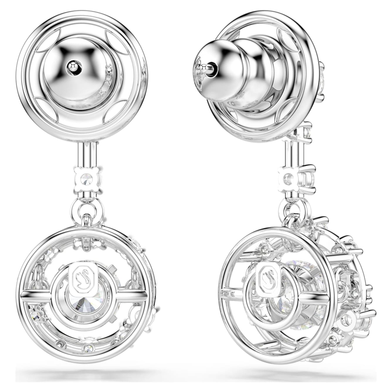 Swarovski Constella drop earrings with round cut dancing stones, white crystals, rhodium plated, elegant jewelry accessory