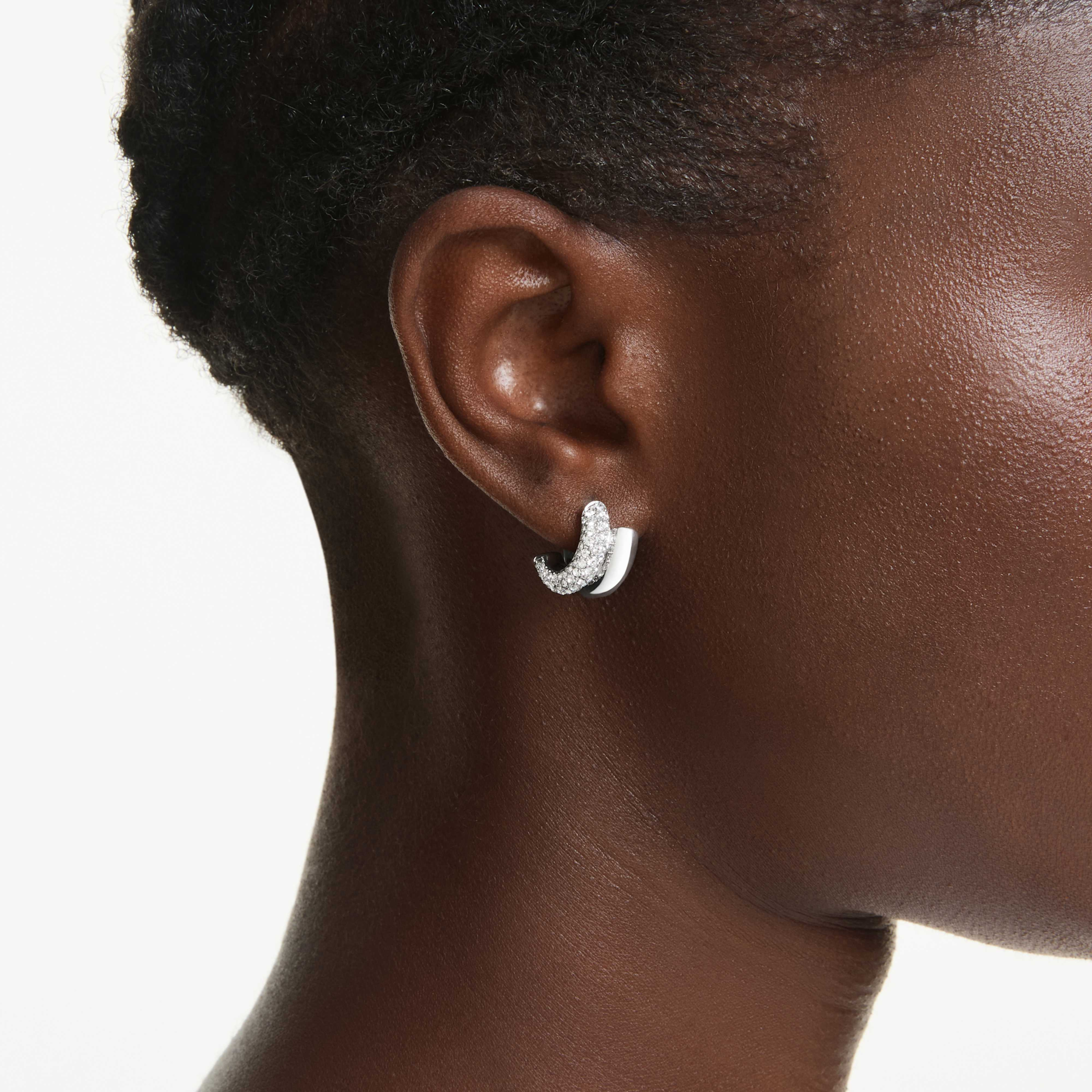 Swarovski Dextera mini hoop earrings with round cut white crystals, rhodium plated jewelry for elegant style.