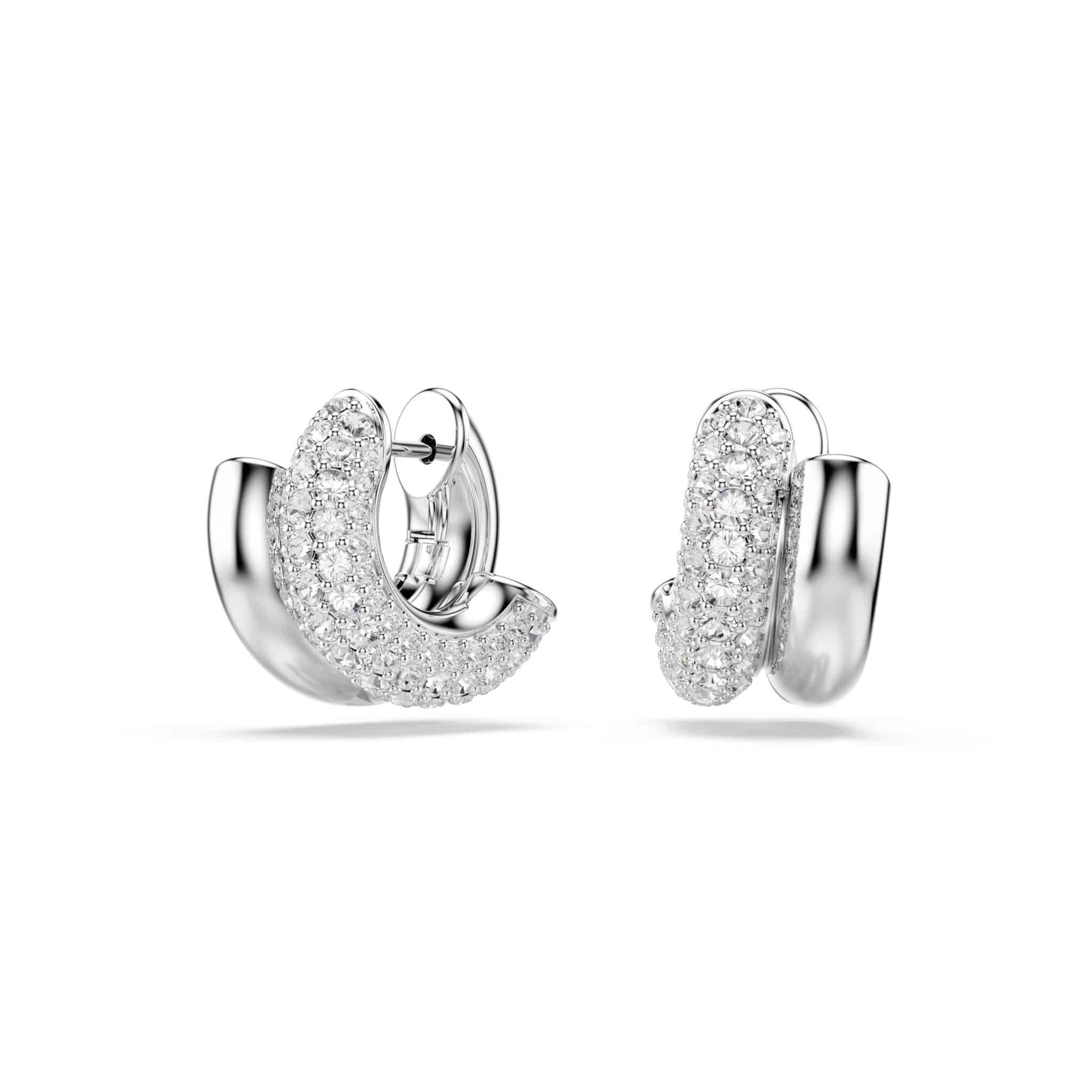 Swarovski Dextera mini hoop earrings with round cut white crystals, rhodium plated, showcasing elegant jewelry design