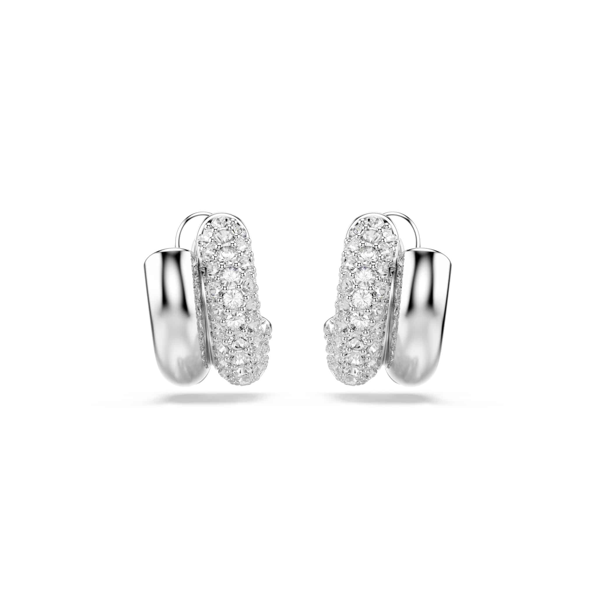 Swarovski Dextera mini hoop earrings with round cut white crystals, rhodium plated, showcasing elegant jewelry design.