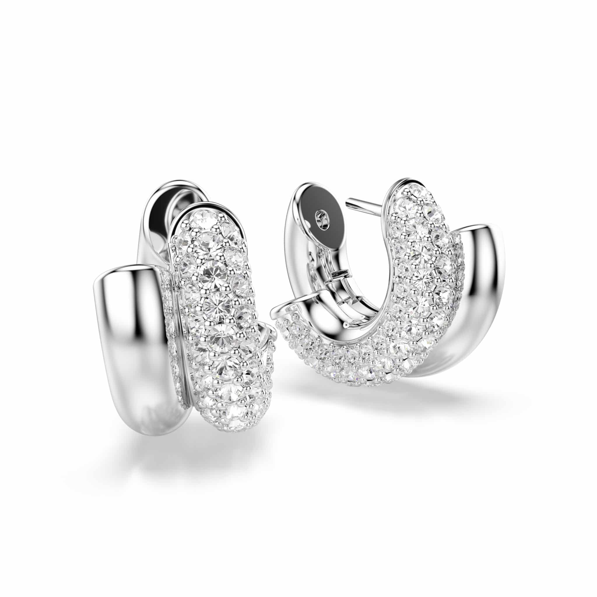 Swarovski Dextera mini hoop earrings with round white crystals, rhodium plated, showcasing elegant jewelry design.