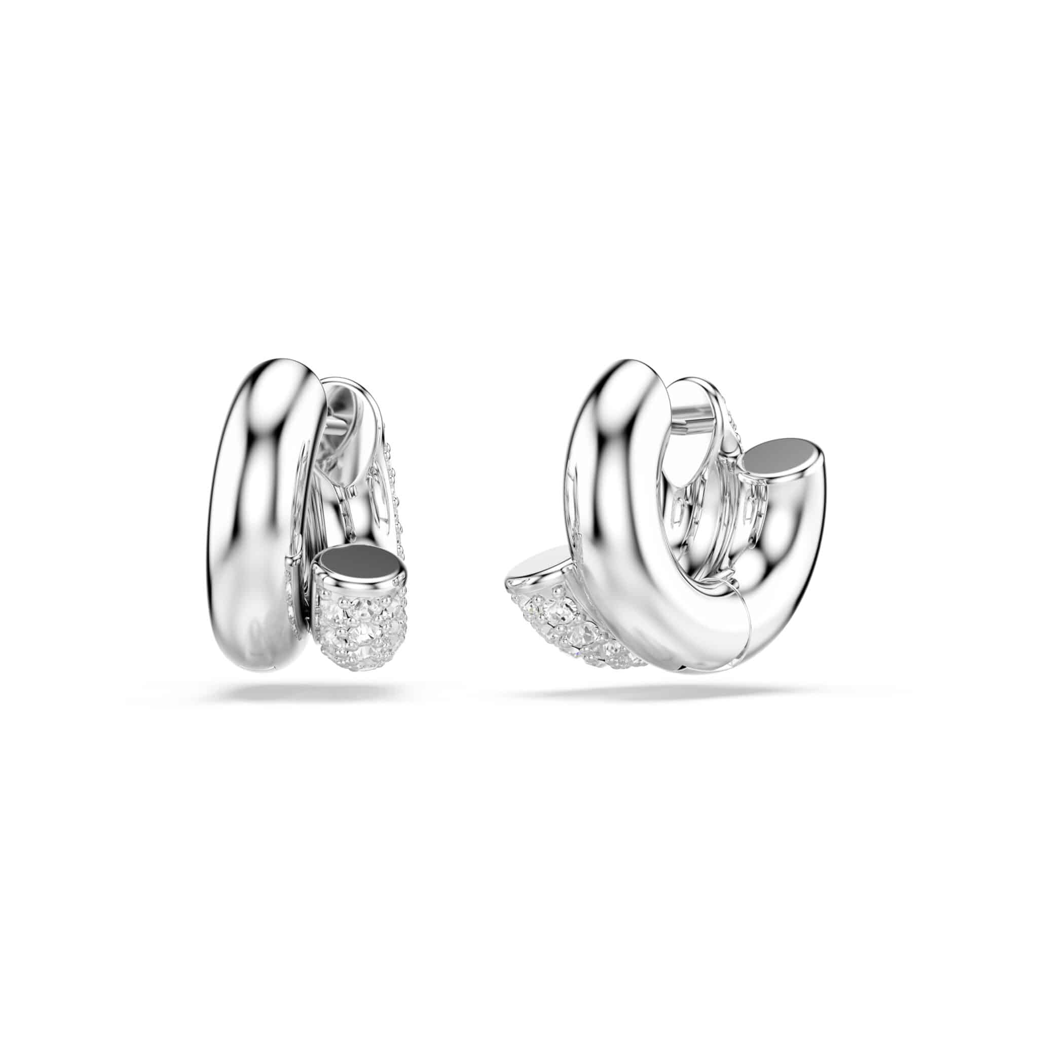 Swarovski Dextera mini hoop earrings with round white crystals, rhodium plated, featuring a sleek, elegant design.