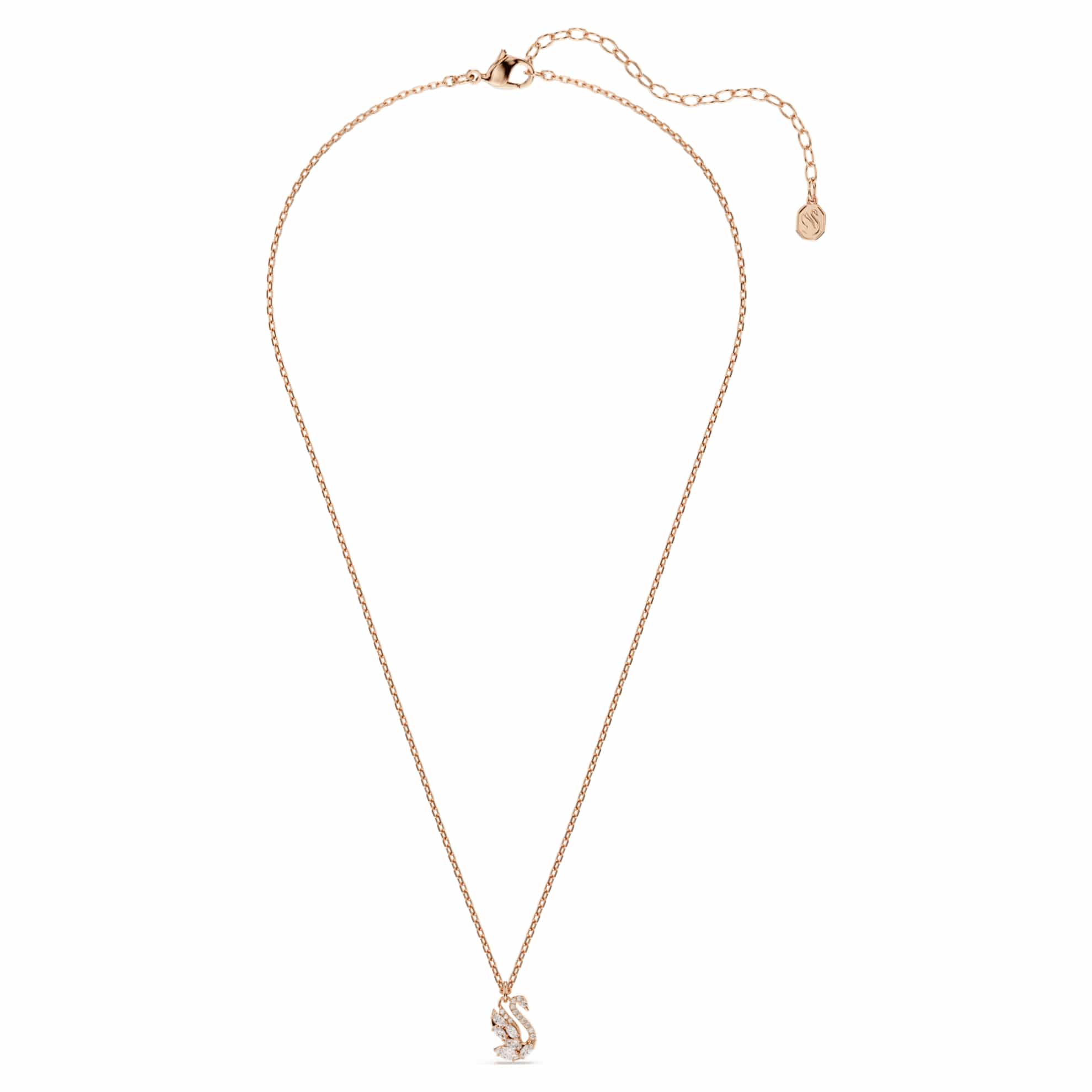 Swarovski Swan pendant with mixed cut white crystals in rose gold-tone plated setting, featuring a sleek swan design.
