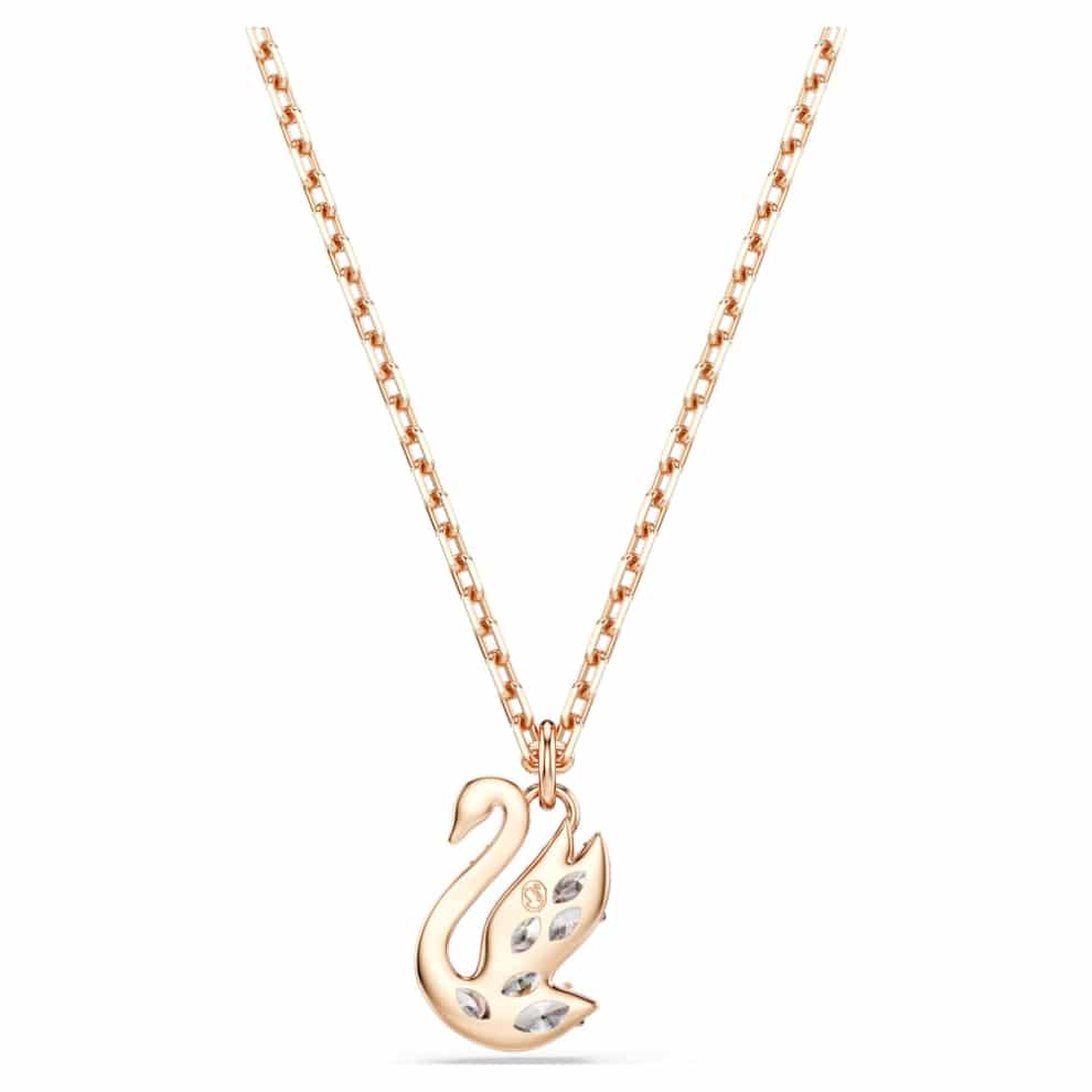 Swarovski Swan Pendant with mixed cuts, white crystal, rose gold-tone plating, featuring a graceful swan design.