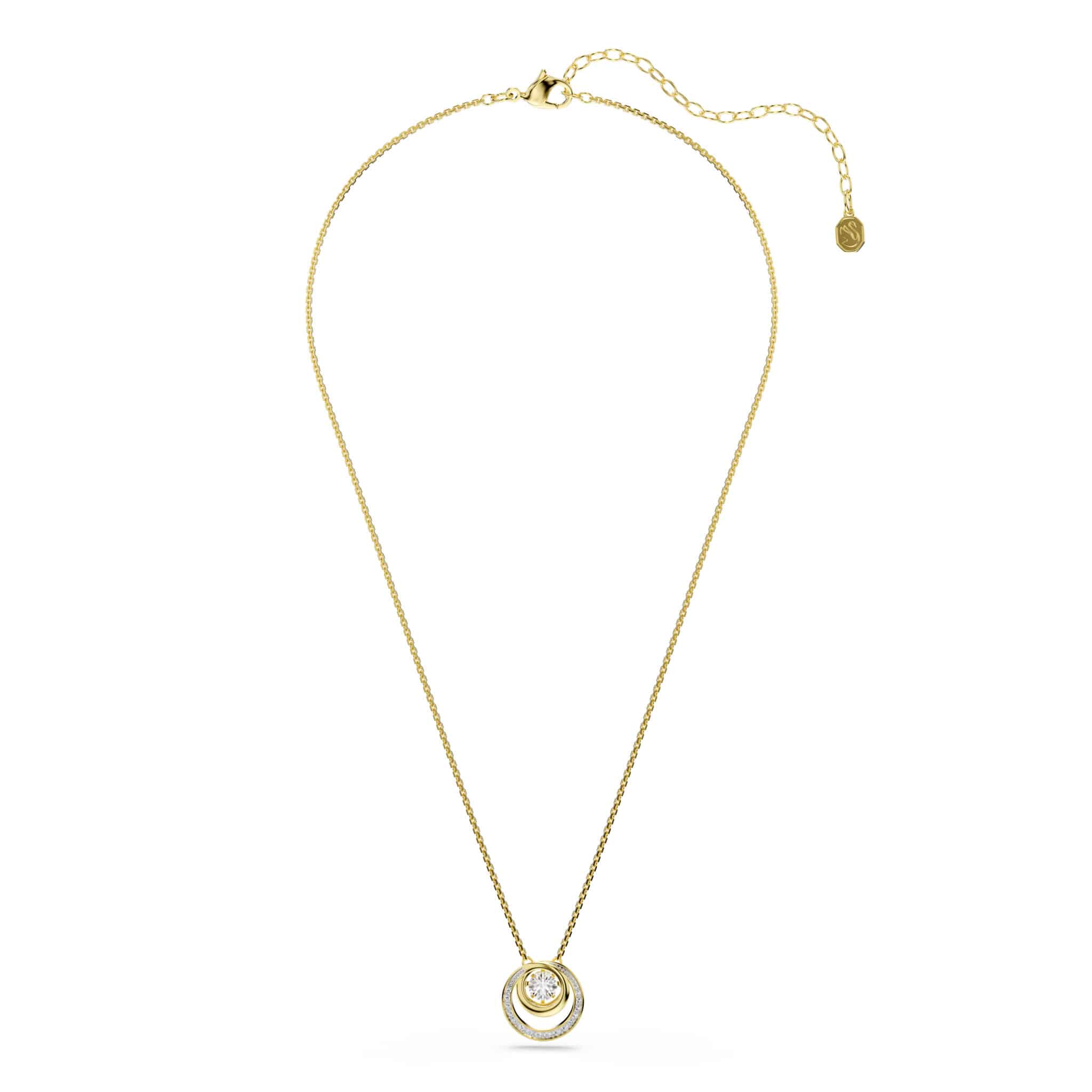 Swarovski Hyperbola pendant with round white crystal, gold-tone plated chain, showcasing elegant jewelry design.