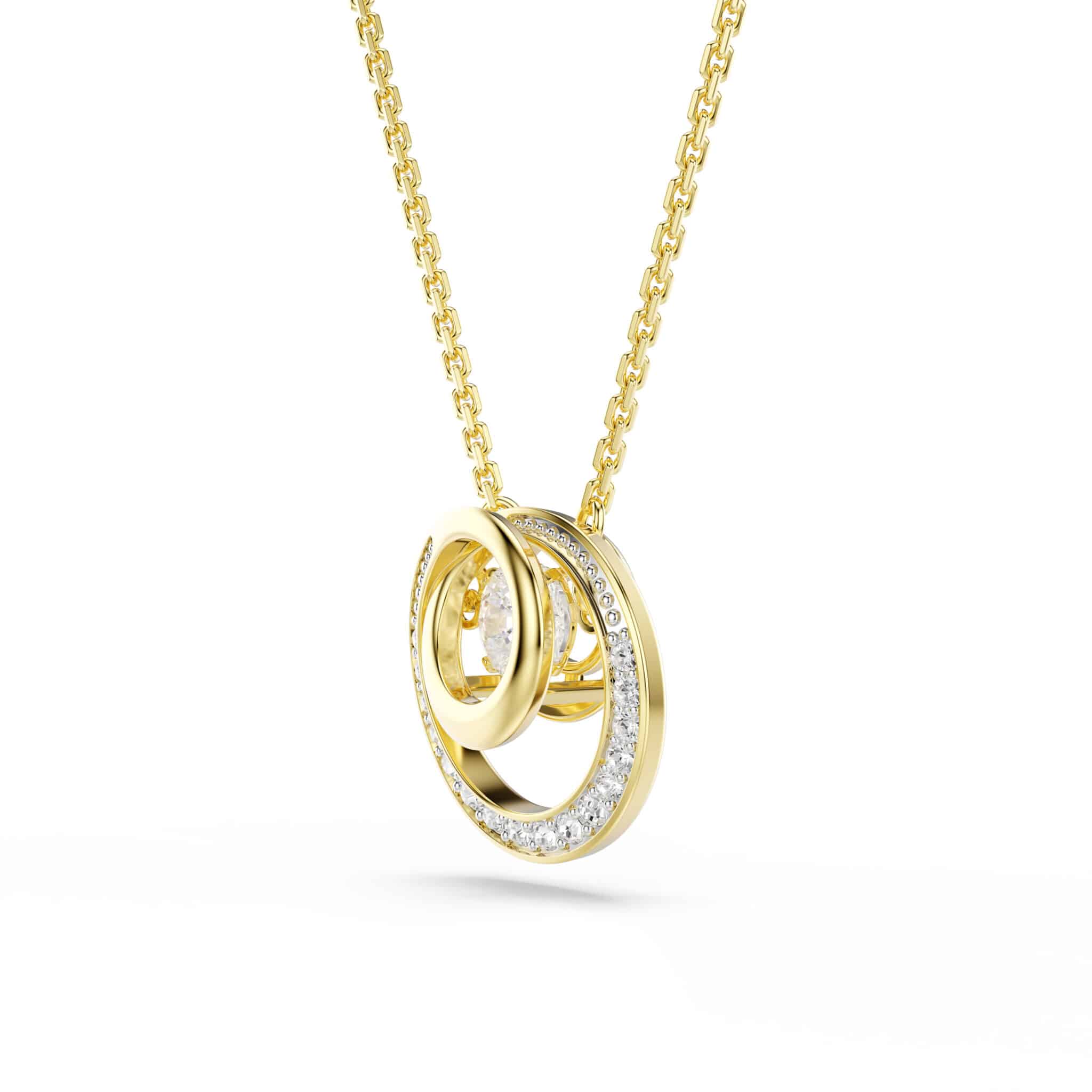 Swarovski Hyperbola pendant with round white crystal, gold-tone plated jewelry, showcasing elegant jewelry design and sparkling clarity.