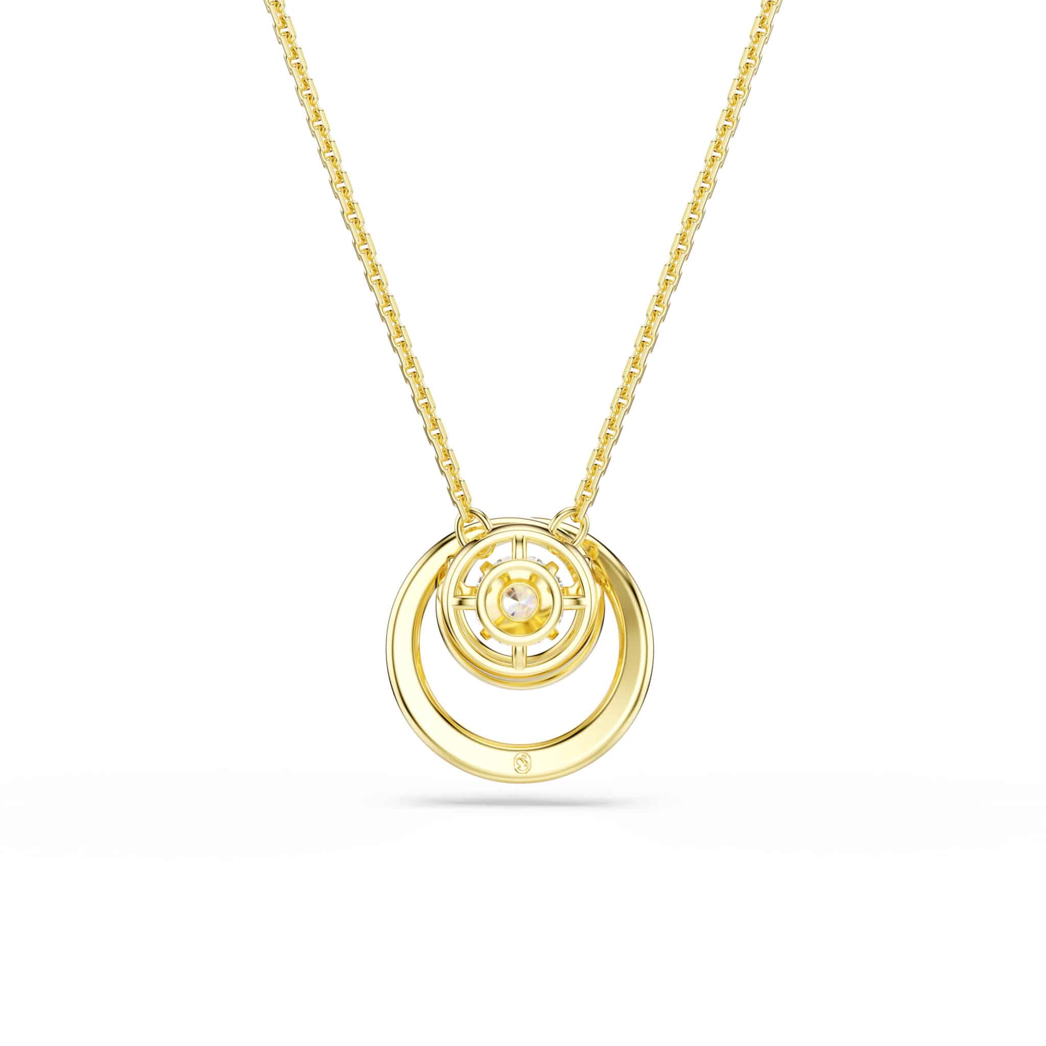 Swarovski Hyperbola pendant with round white crystal, gold-tone plated chain, showcasing elegant jewelry design.