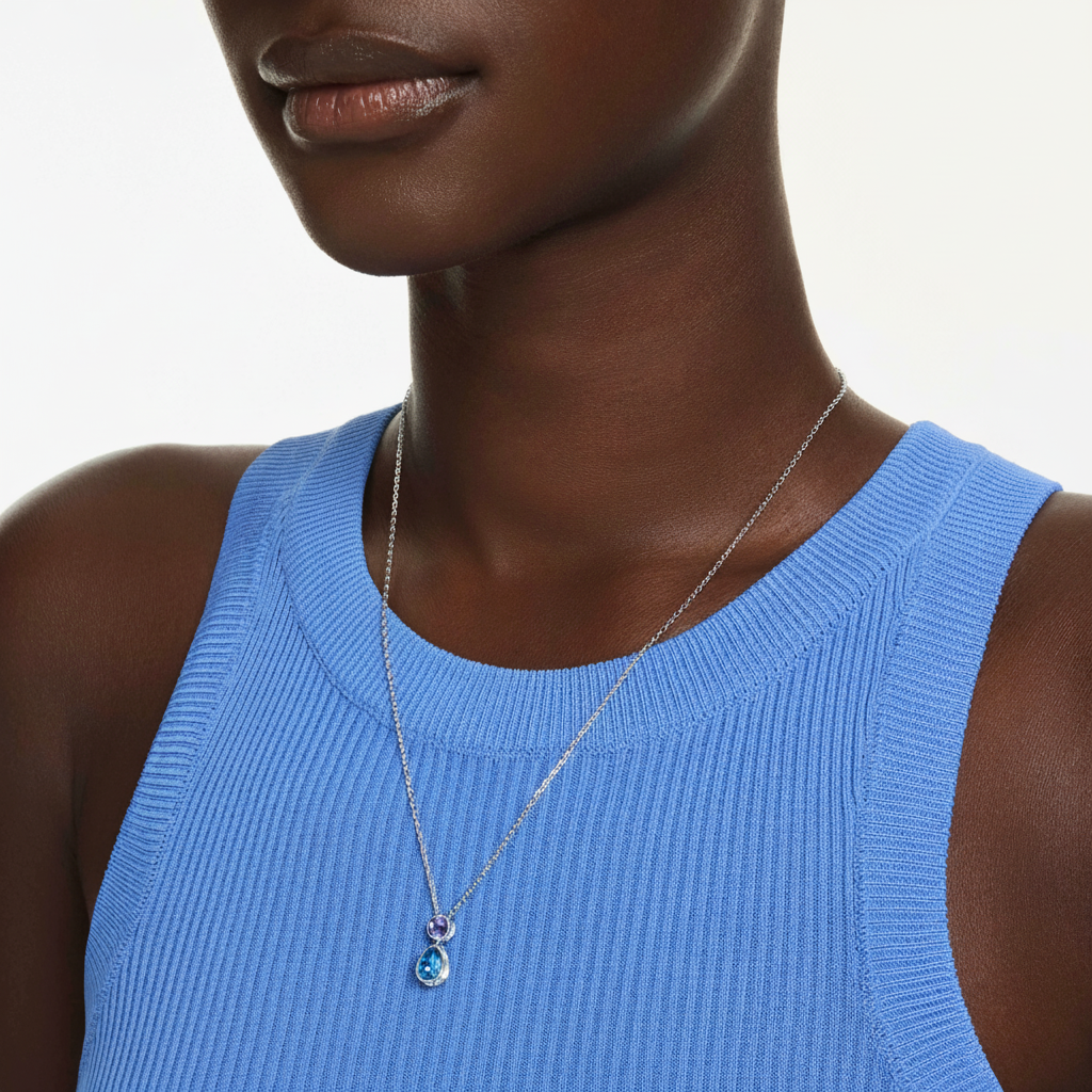 Swarovski Chroma pendant with mixed multicolored cuts and rhodium plating, showcasing a vibrant, elegant jewelry piece.