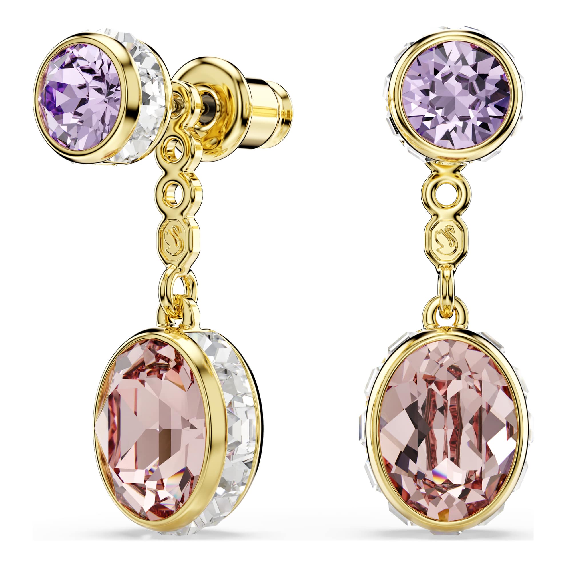 Swarovski Chroma Drop Earrings with multicolored crystals, mixed cuts, gold-tone plated jewelry, elegant and vibrant accessory.