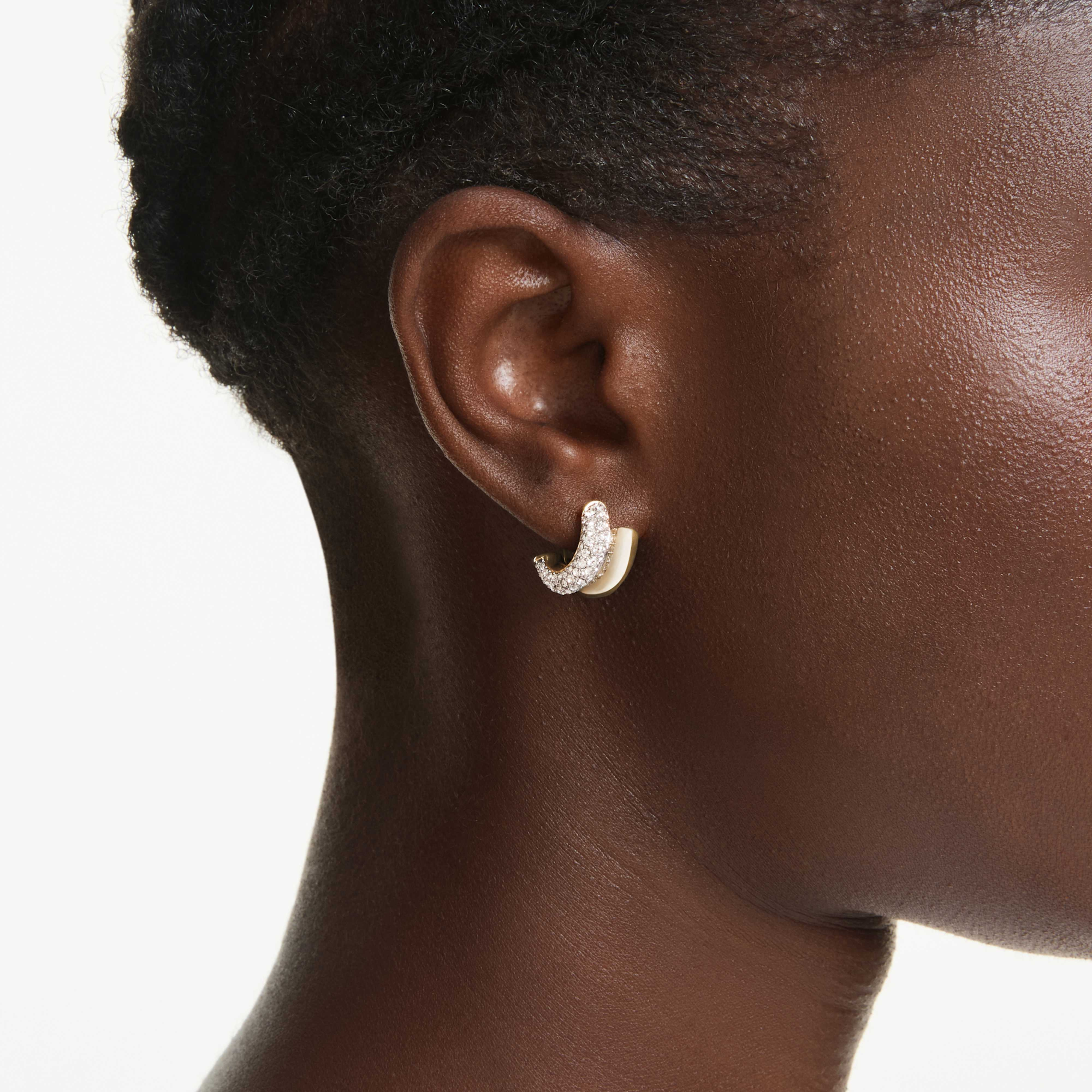Swarovski Dextera mini hoop earrings in gold-tone plating with round white crystal cuts, elegant and sparkling jewelry.