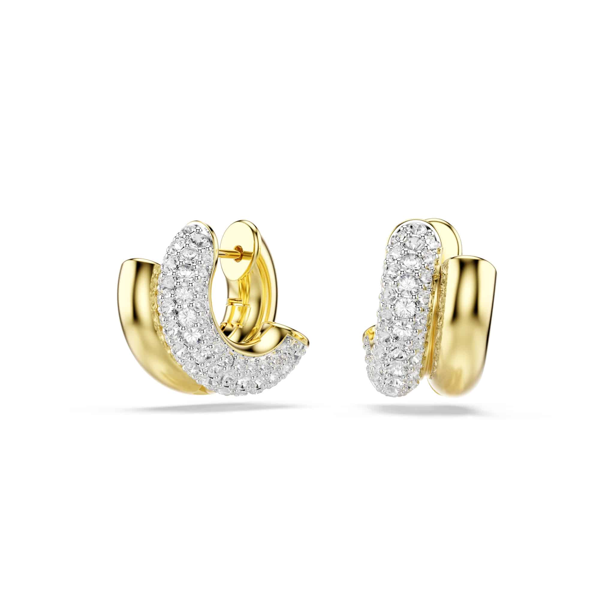 Swarovski Dextera Mini Hoop Earrings with round cut white crystals in gold-tone plating on shiny metal hoops
