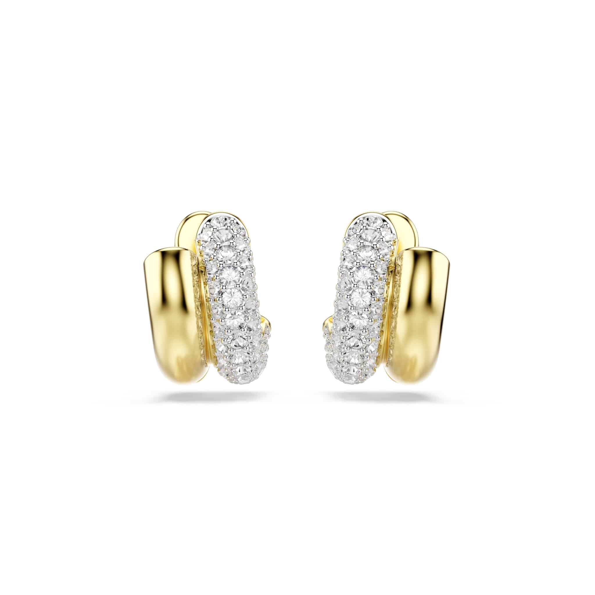 Swarovski Dextera mini hoop earrings with round cut white crystals, gold-tone plated jewelry for women.
