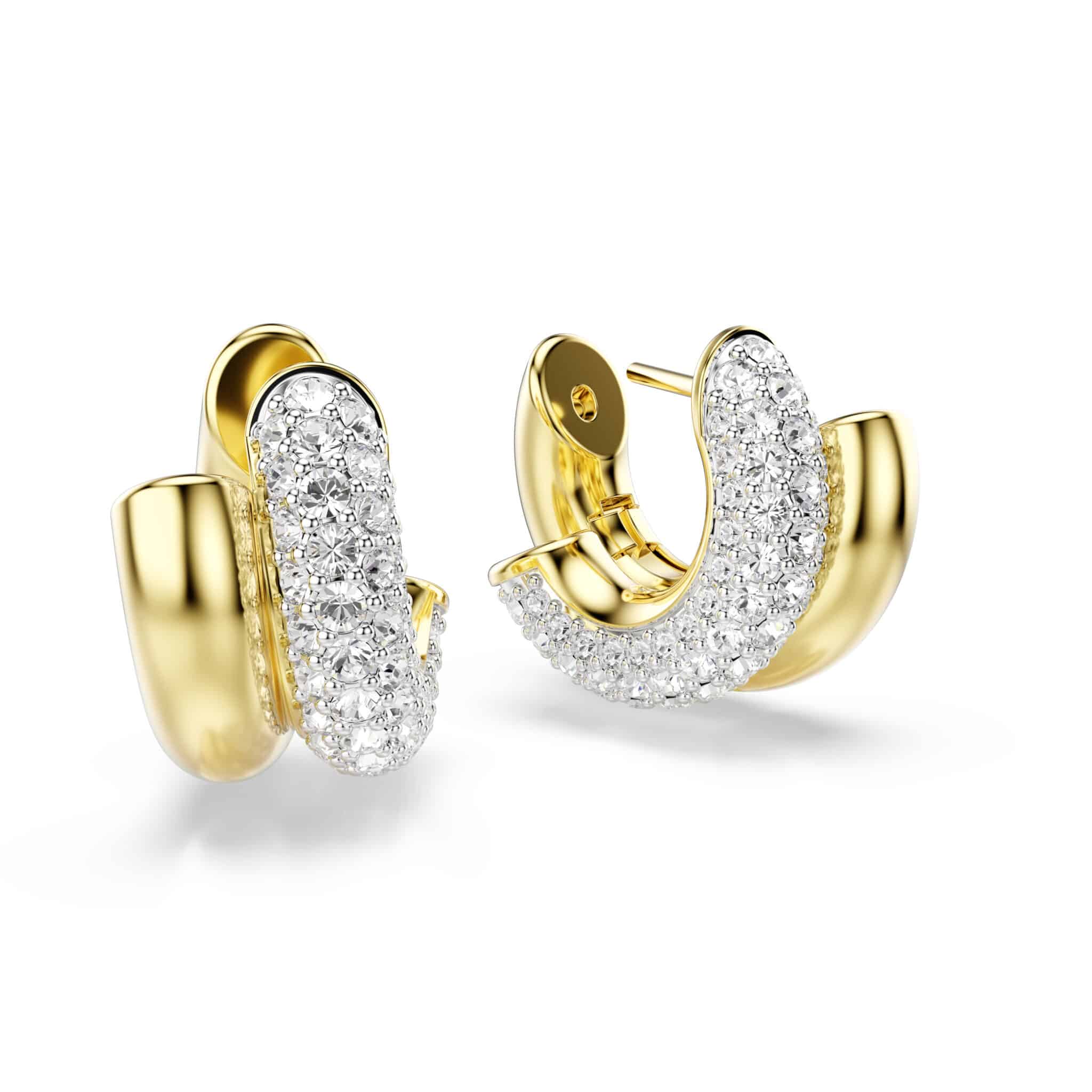 Swarovski Dextera mini hoop earrings with round white crystals in gold-tone plating, stylish and elegant jewelry.