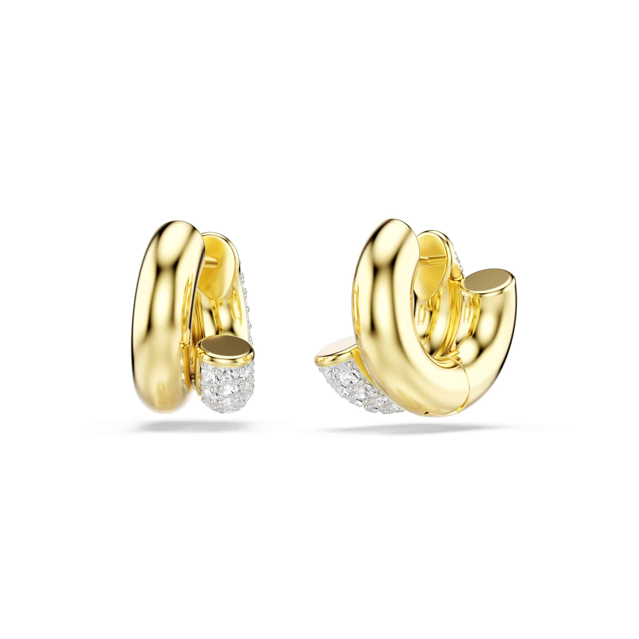 Swarovski Dextera Mini Hoop Earrings with round white crystals and gold-tone plating, stylish and elegant jewelry accessory