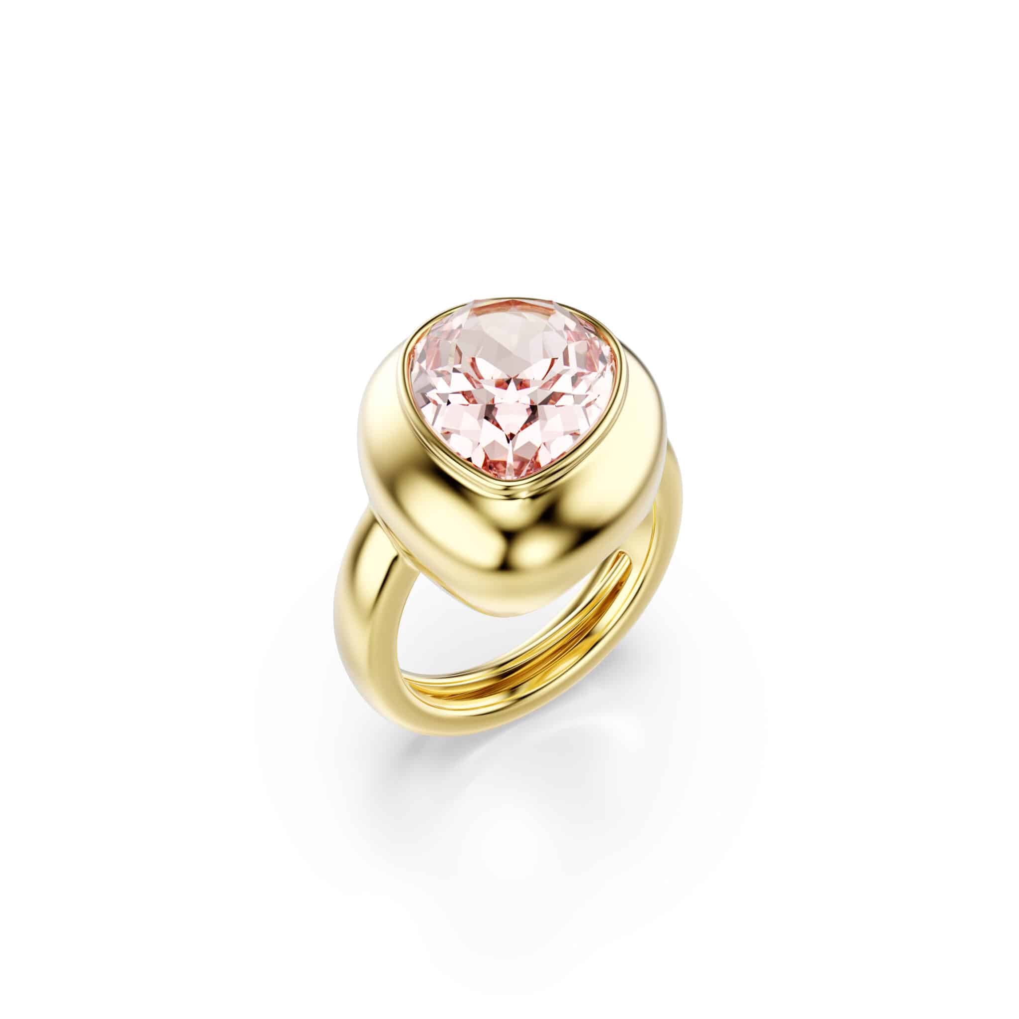Swarovski Gema Motif set of three multicolored gold-tone plated rings with intricate gemstone designs.