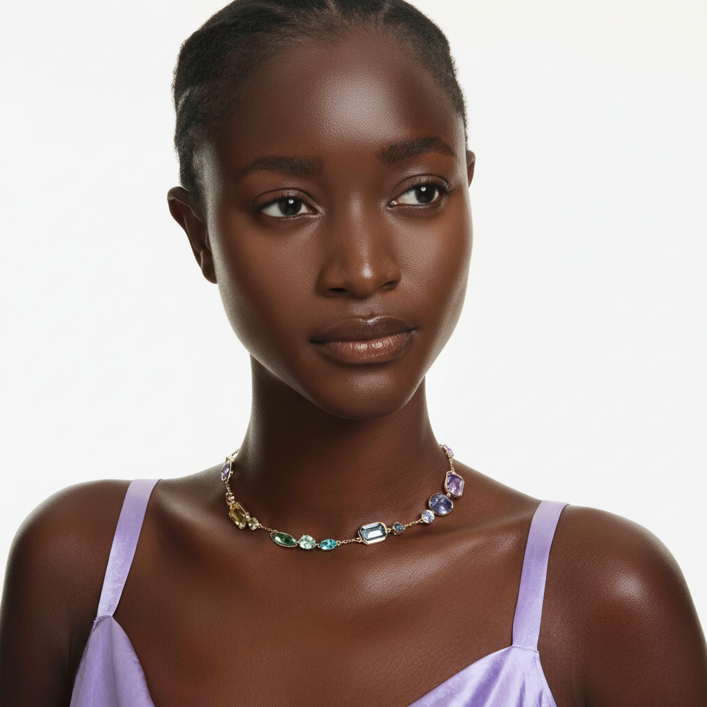 Swarovski Gema Necklace with multicolored mixed cuts and gold-tone plating, featuring sparkling crystal stones.