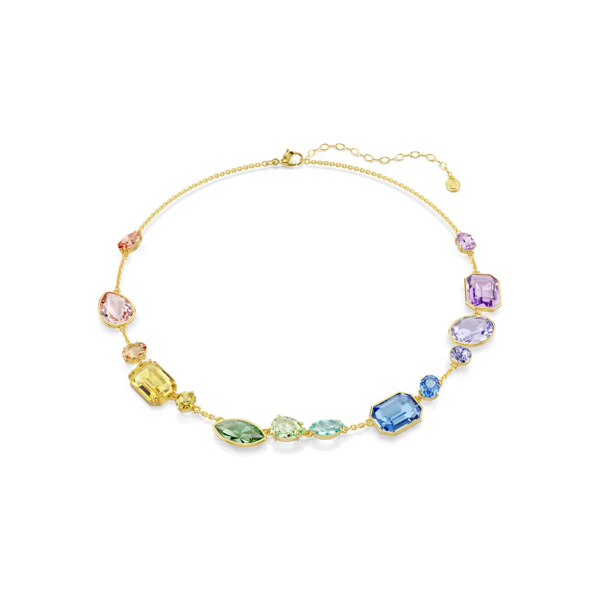 Swarovski Gema Necklace with multicolored mixed-cut crystals and gold-tone plated chain.