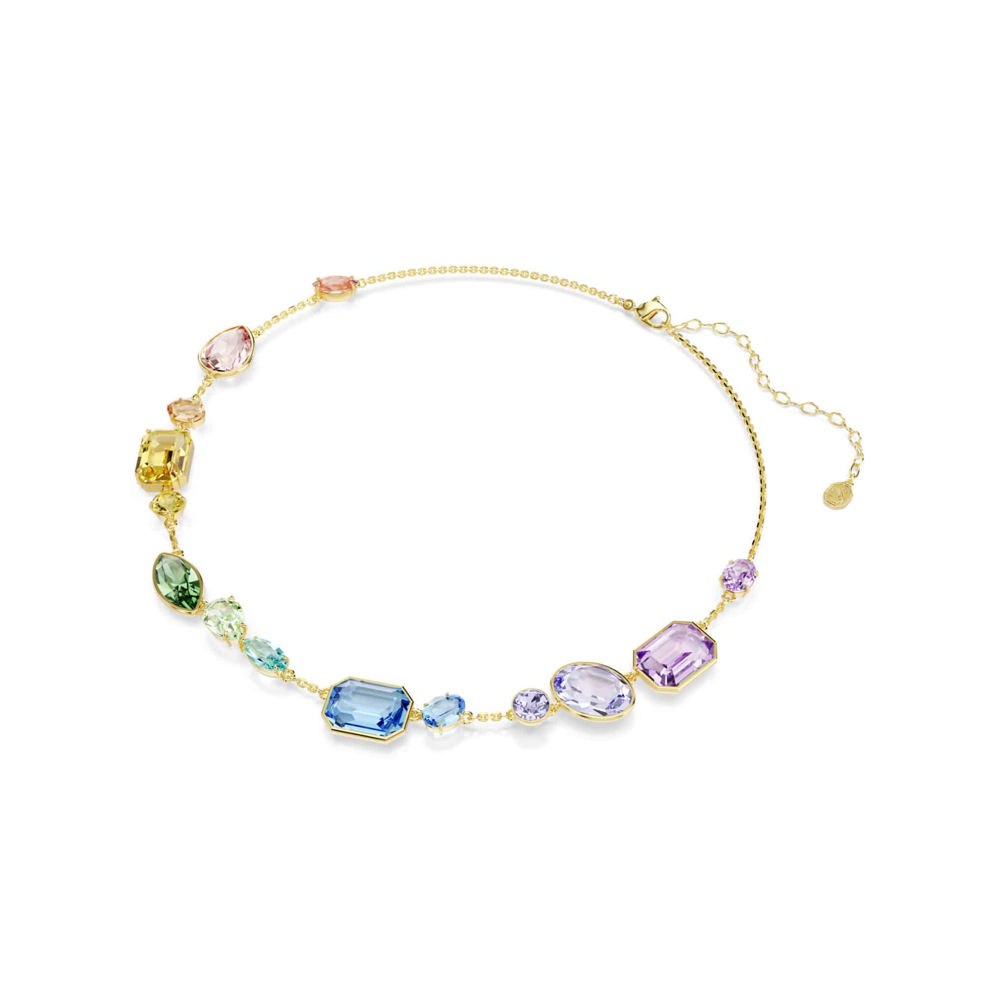 Swarovski Gema necklace with multicolored mixed cut crystals and gold-tone plating, showcasing sparkling gemstone design.