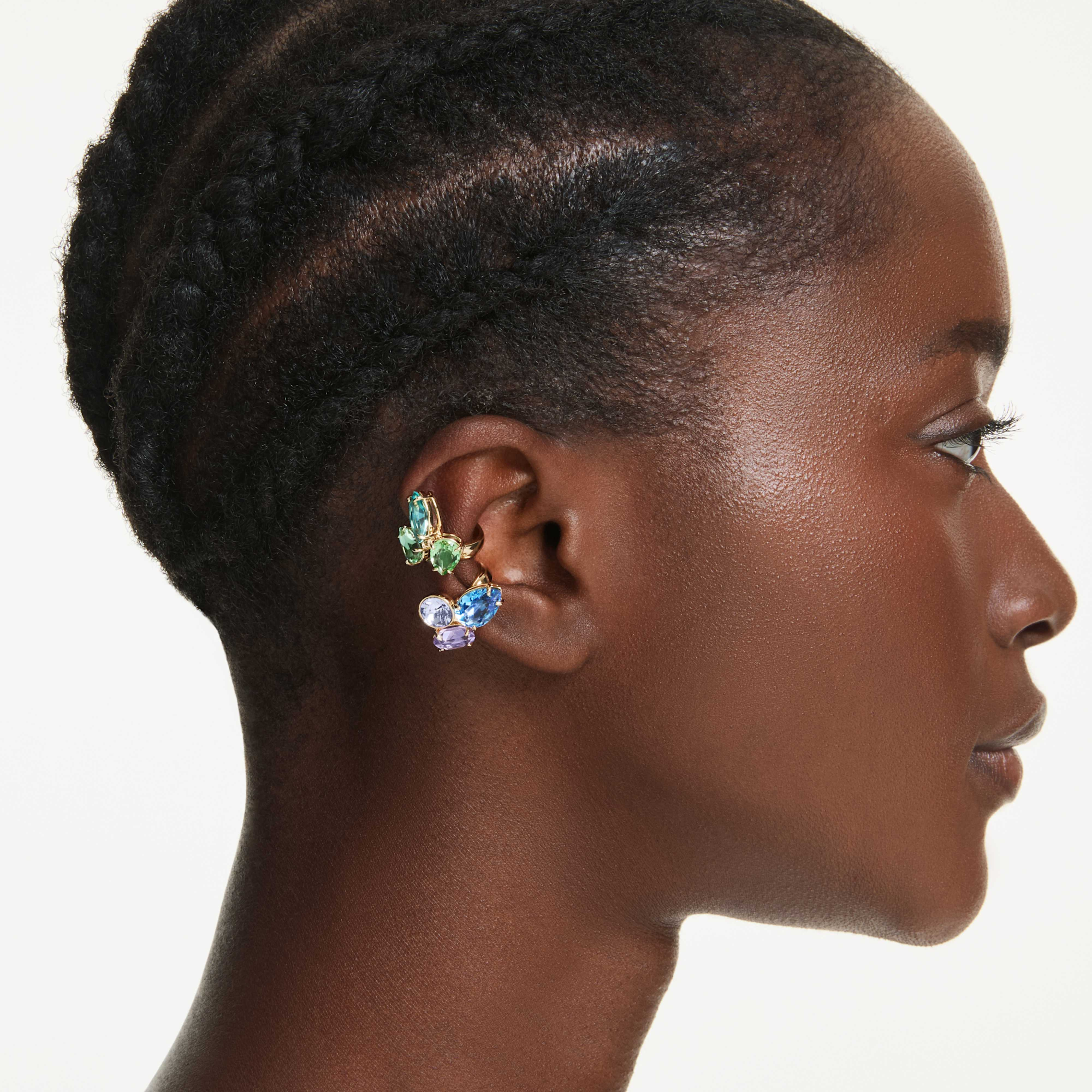 Swarovski Gema ear cuffs with asymmetrical design, multicolored mixed cuts, gold-tone plated, stylish and modern jewelry accessory