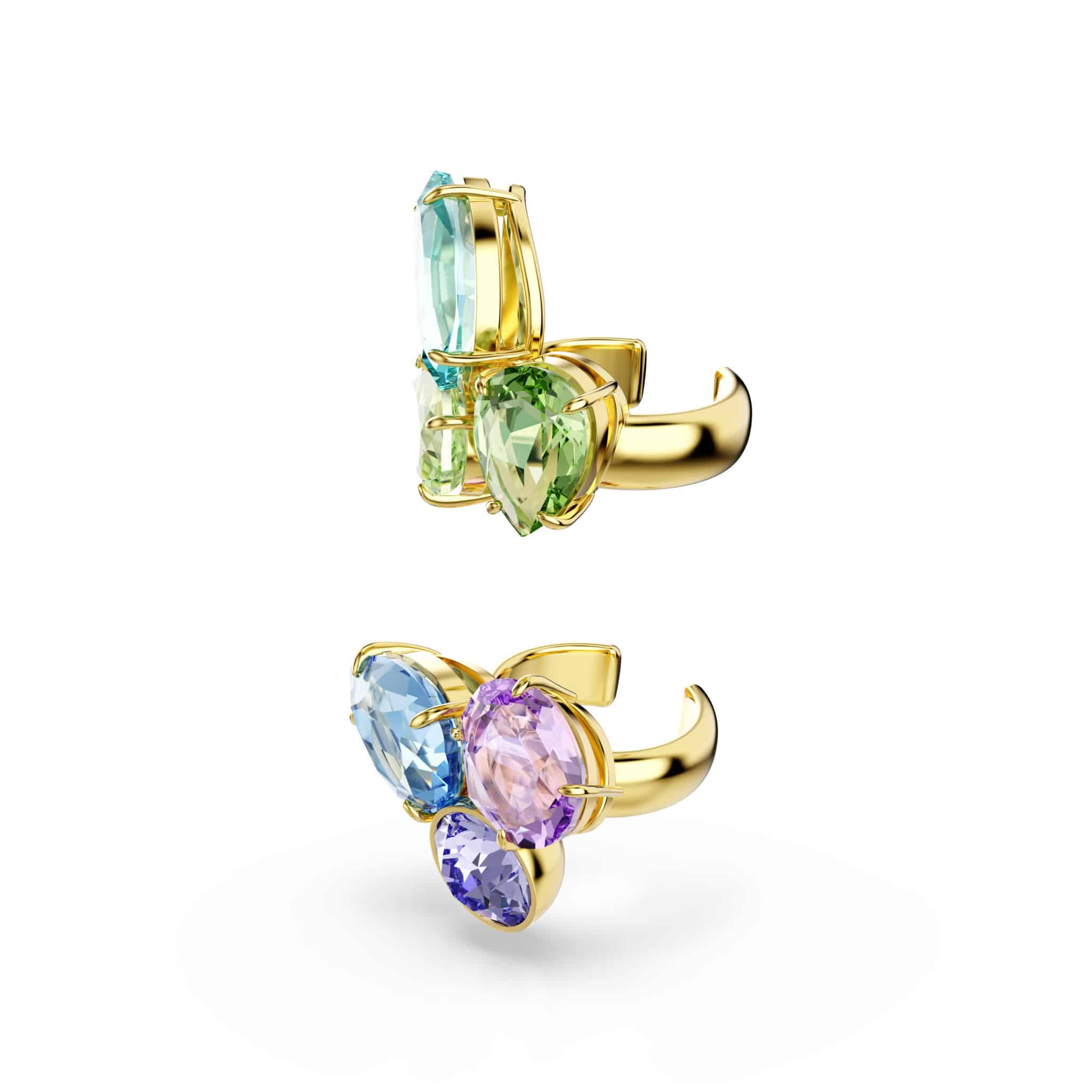 Swarovski Gema ear cuffs with asymmetrical design, multicolored mixed cuts, gold-tone plating, stylish and elegant jewelry.