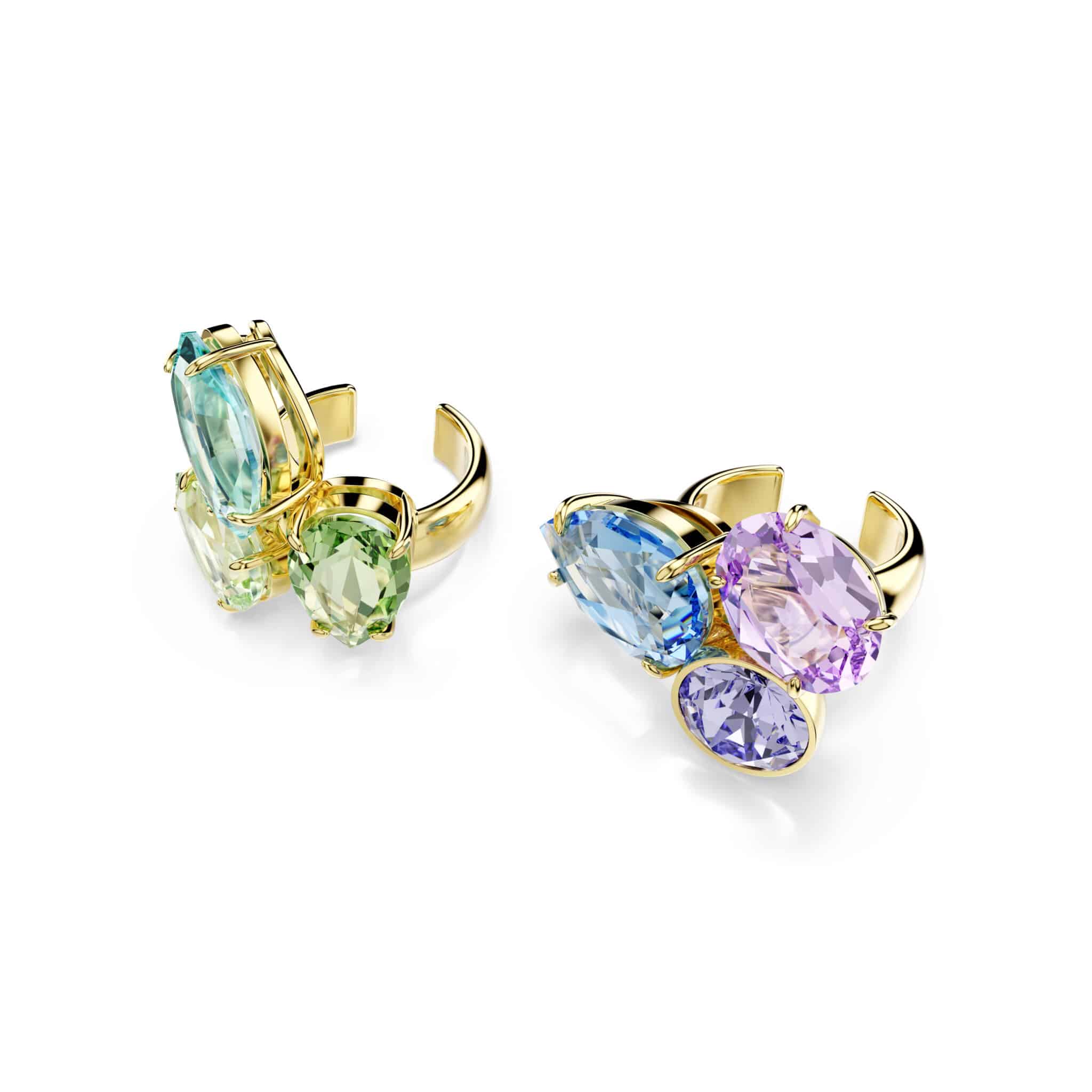 Swarovski Gema ear cuffs with asymmetrical design, multicolored mixed cuts, gold-tone plated, showcasing sparkling crystal details.