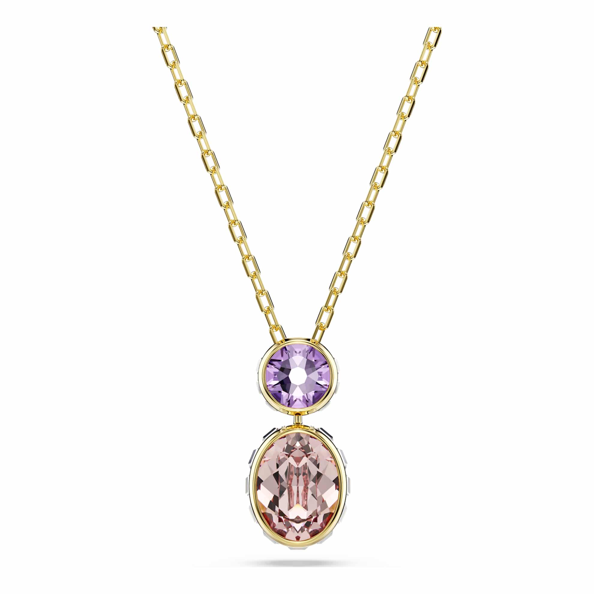 Swarovski Chroma pendant with multicolored mixed cuts and gold-tone plating, showcasing sparkling gemstone details.