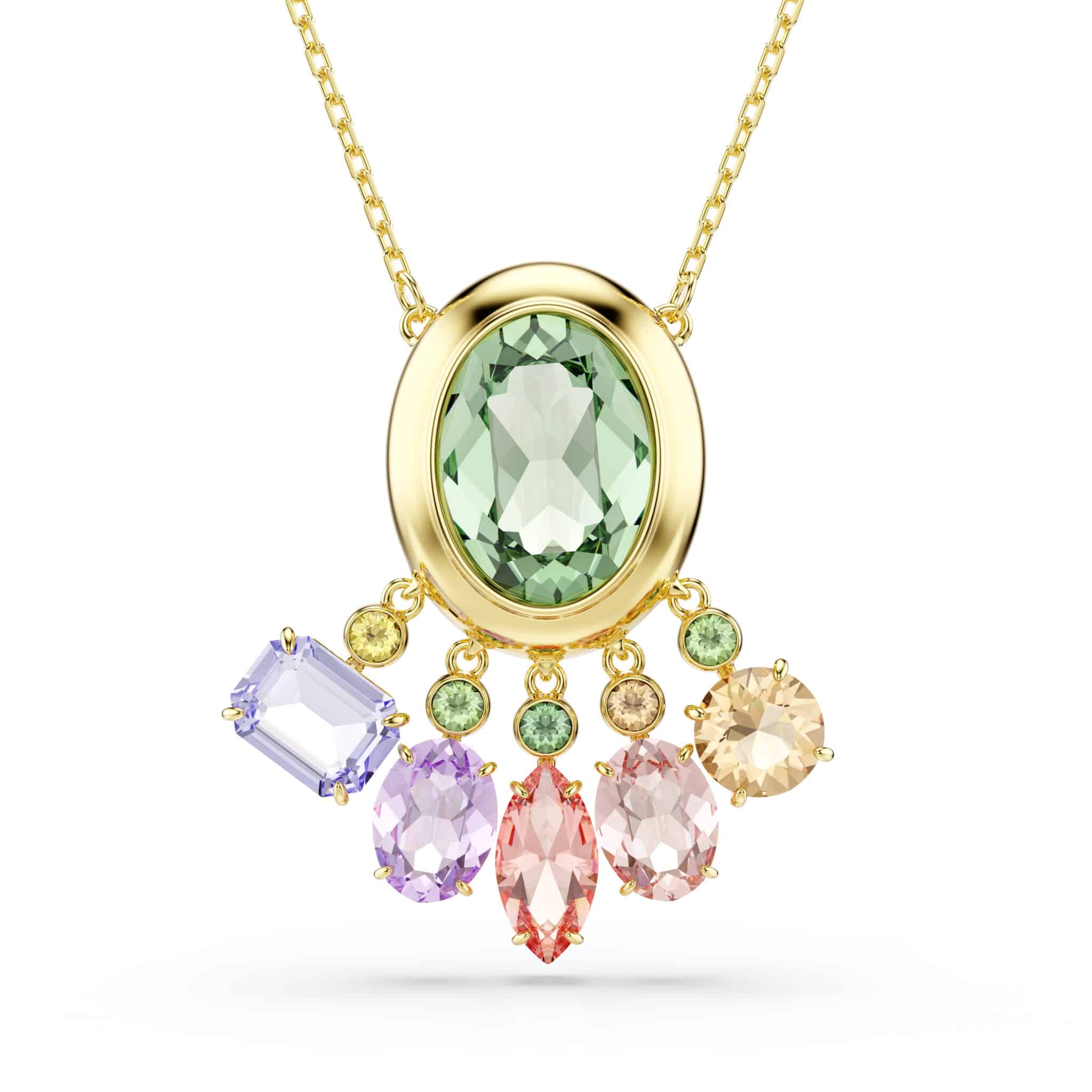 Swarovski Gema pendant with multicolored dangling crystals and gold-tone plating, featuring mixed cuts for a sparkling, elegant look.