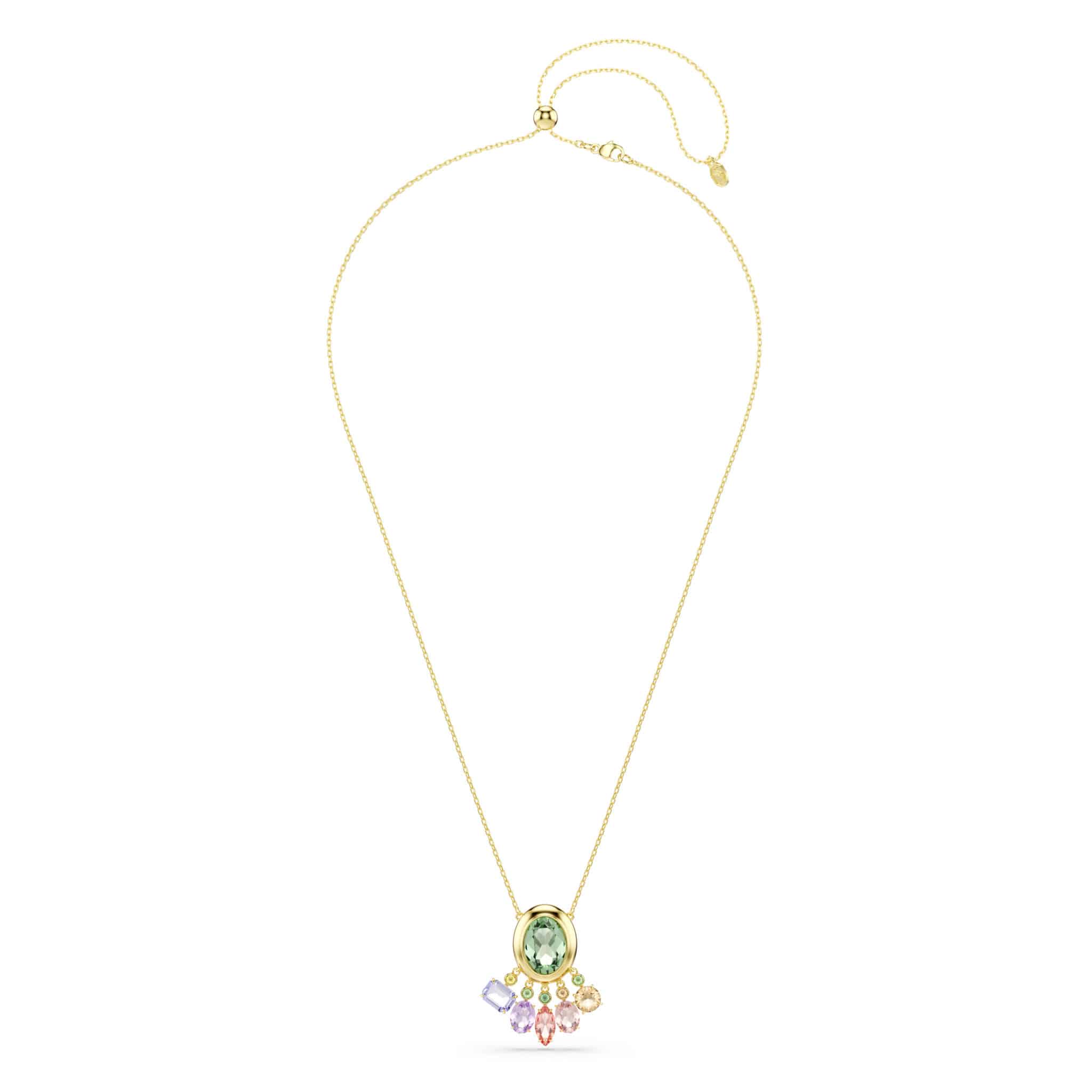 Swarovski Gema pendant with multicolored dangling crystals, mixed cuts, gold-tone plated jewelry accessory.