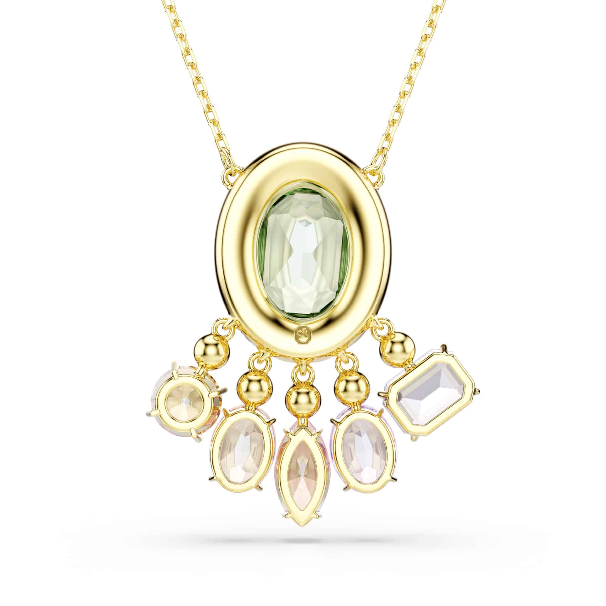 Swarovski Gema pendant with multicolored dangling crystals, mixed cuts, gold-tone plated jewelry piece.