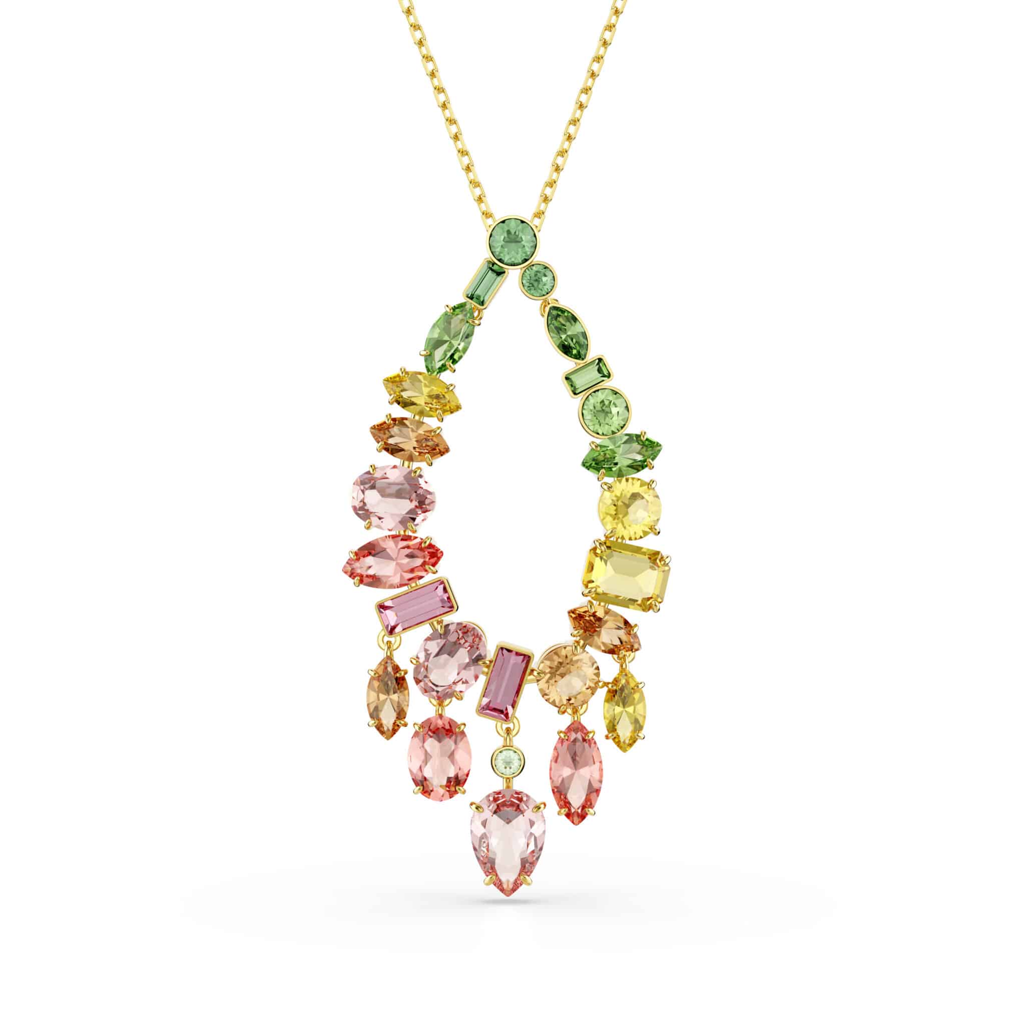 Swarovski Gema pendant with multicolored mixed-cut crystals and gold-tone plated setting, elegant jewelry accessory.