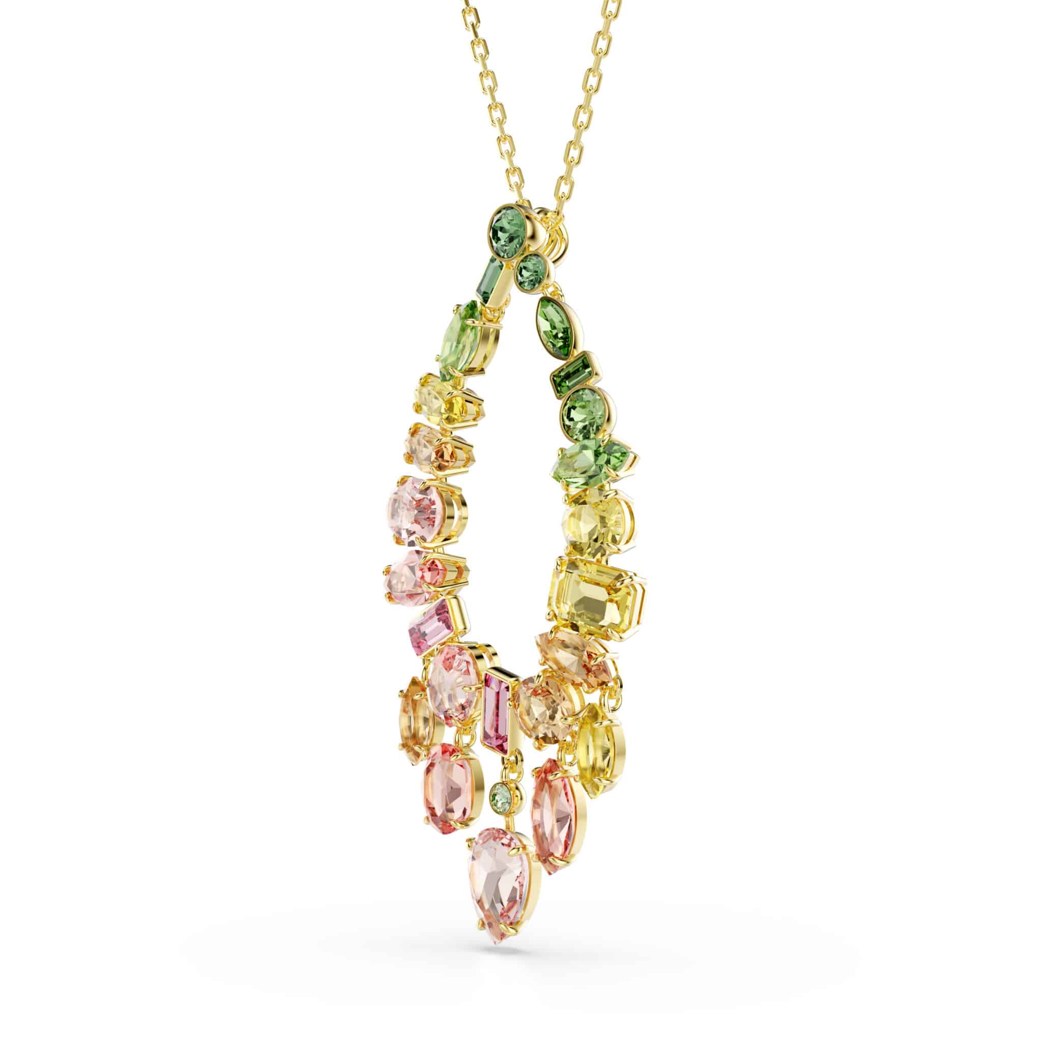 Swarovski Gema Pendant with multicolored mixed cuts in gold-tone plating, showcasing sparkling faceted crystal design.