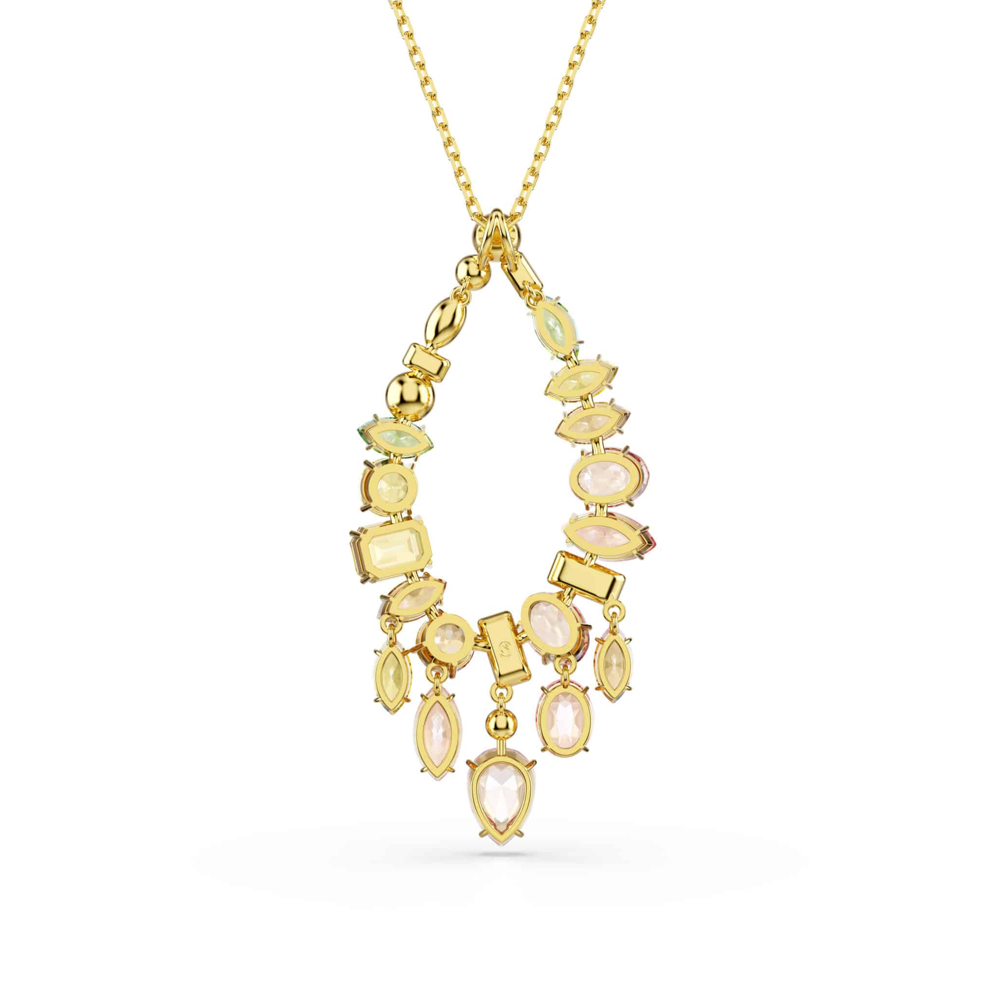 Swarovski Gema pendant with multicolored mixed cuts, gold-tone plated jewelry piece featuring sparkling crystal designs.