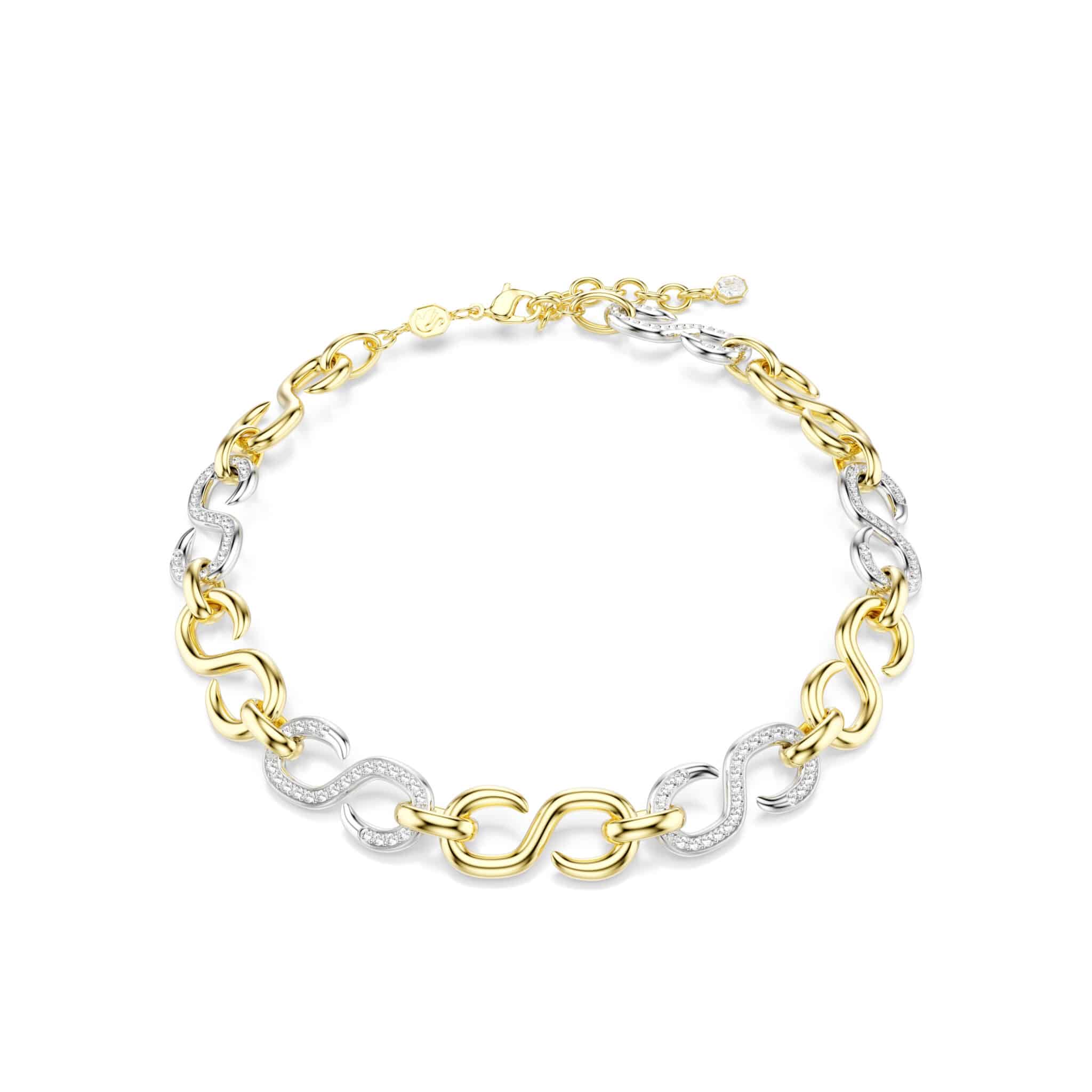 Swarovski Dextera necklace with round cut white crystal, silver and mixed metal chain, elegant jewelry accessory.