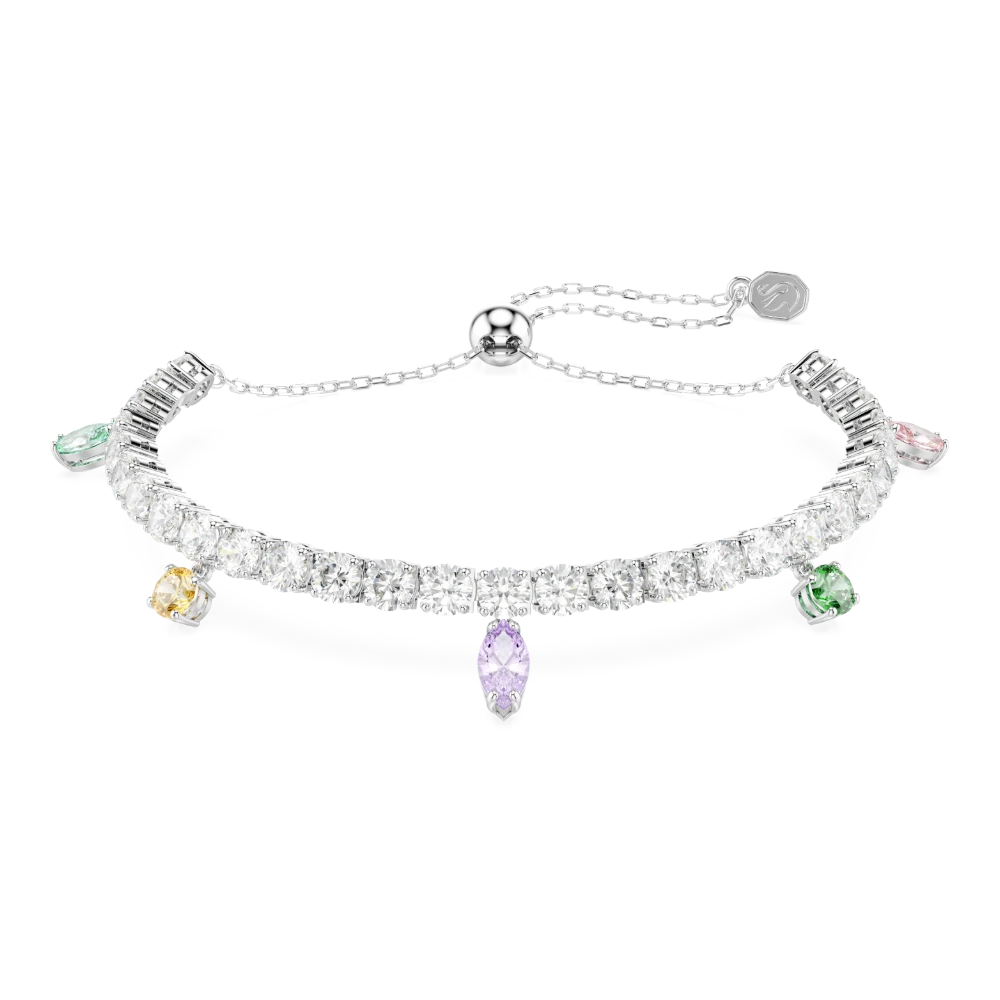Multicolored Ariana Grande Swarovski tennis bracelet with mixed cuts and rhodium plating, elegant jewelry accessory.