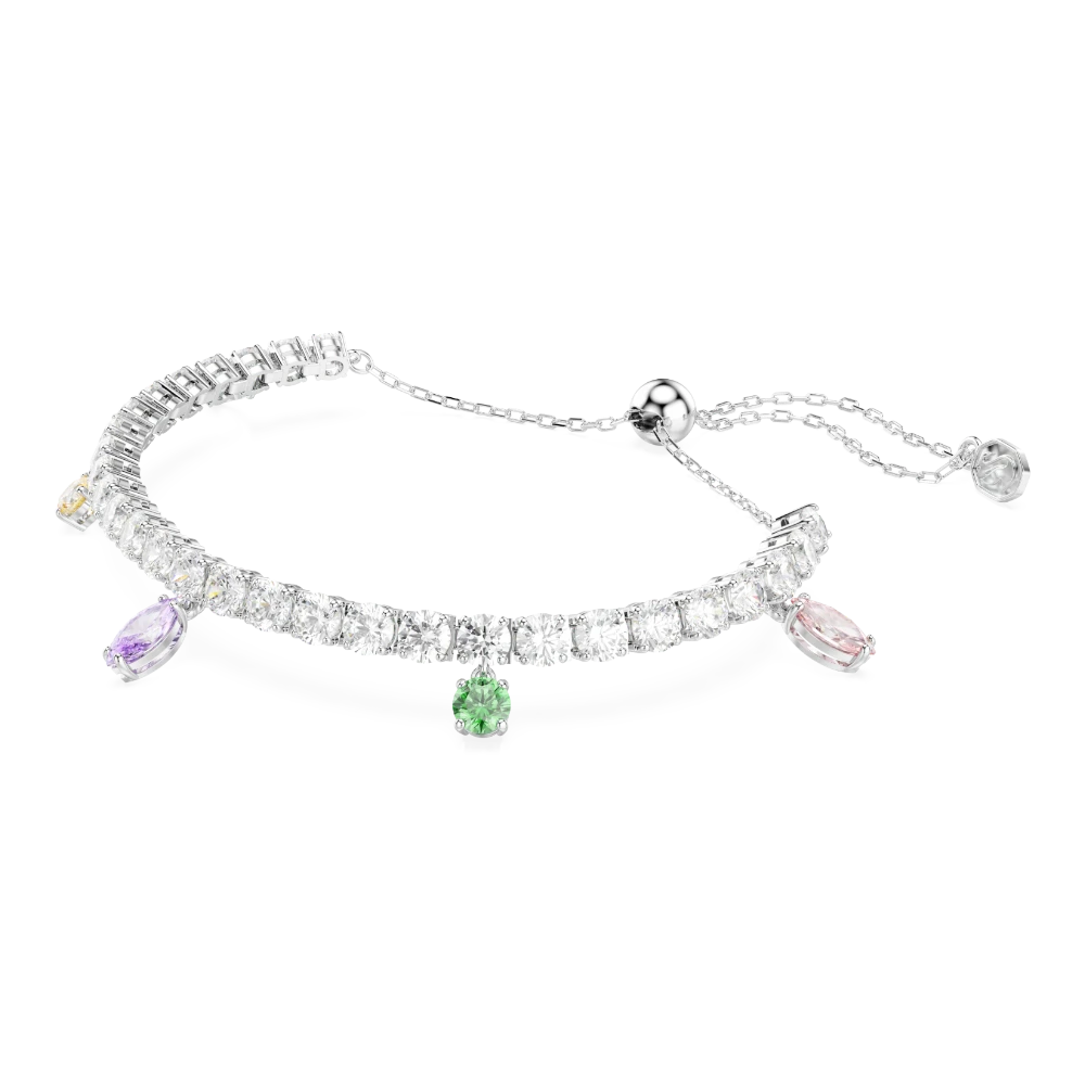 Swarovski Ariana Grande x tennis bracelet with multicolored mixed-cut crystals and rhodium plating, elegant jewelry accessory.