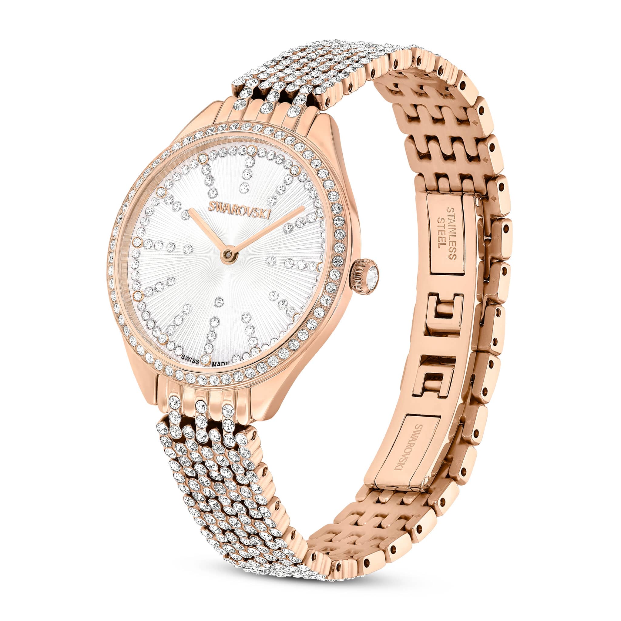 Swarovski Attract Swiss Made watch with rose gold-tone metal bracelet and elegant rose gold finish, stylish and luxurious accessory.