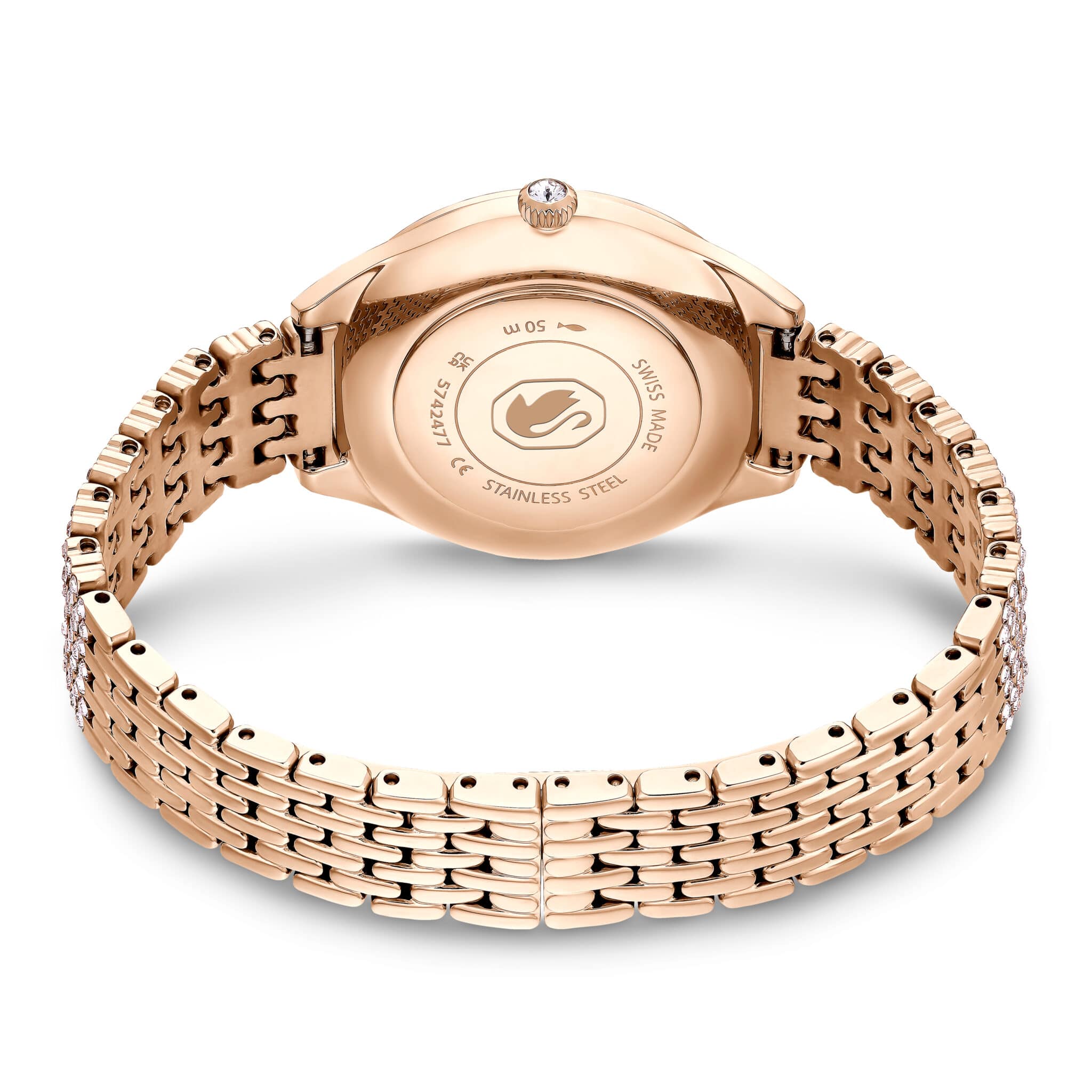 Swarovski Attract Swiss Made watch with rose gold-tone metal bracelet and elegant round face, stylish and luxurious.